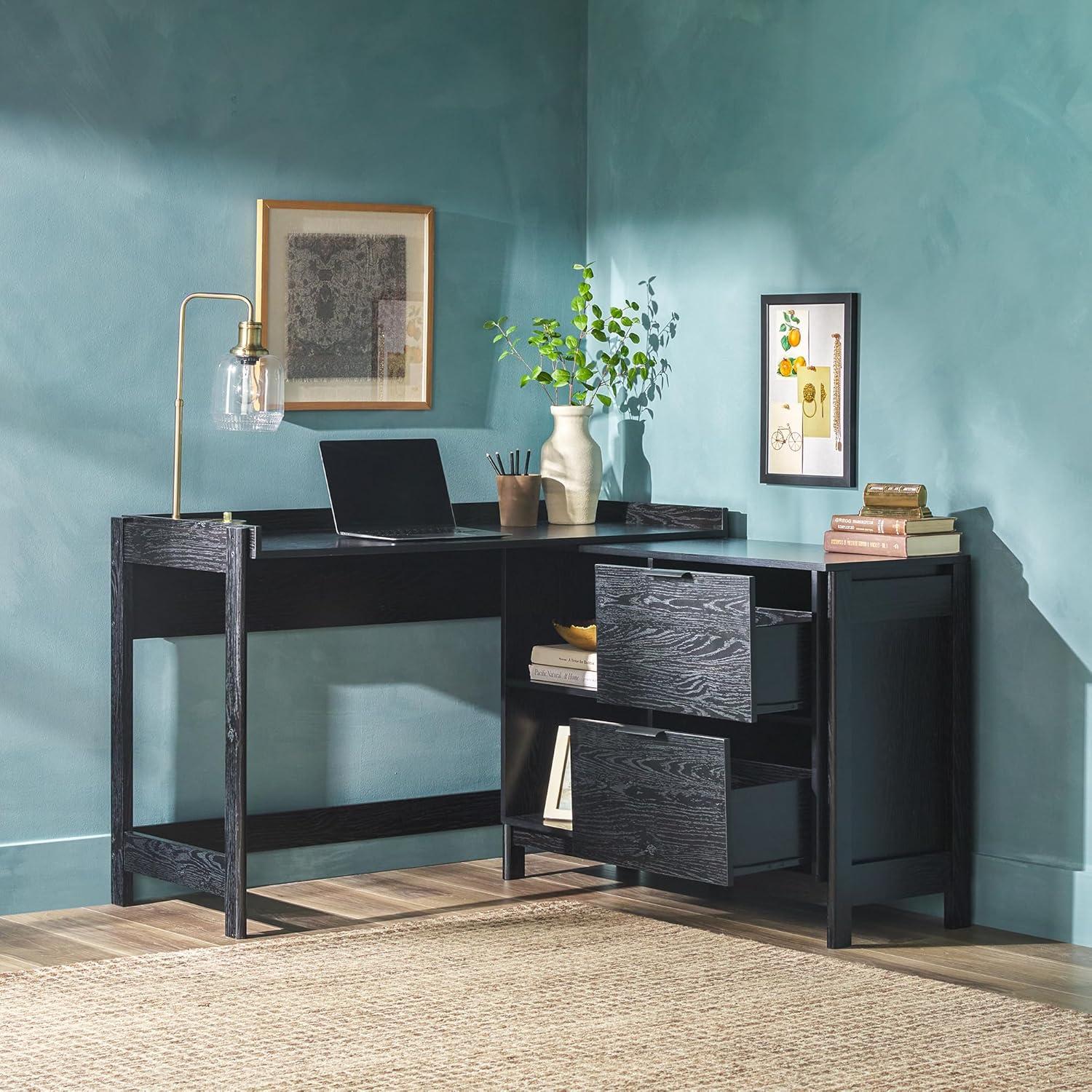 imageWalker Edison Transitional Office Design Writing Desk with Drawers and Open Cubbies Spacious Desktop Reversible Fit Complementary in Living Spaces 4975L BlackBlack