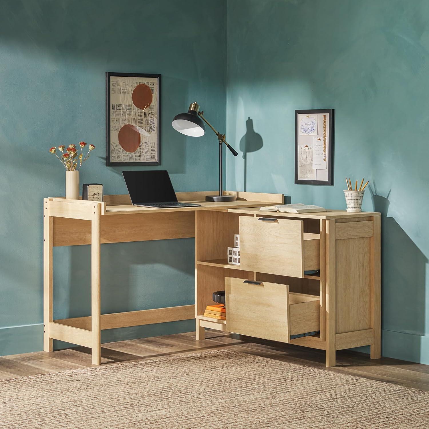 imageWalker Edison Transitional Office Design Writing Desk with Drawers and Open Cubbies Spacious Desktop Reversible Fit Complementary in Living Spaces 4975L BlackCoastal Oak