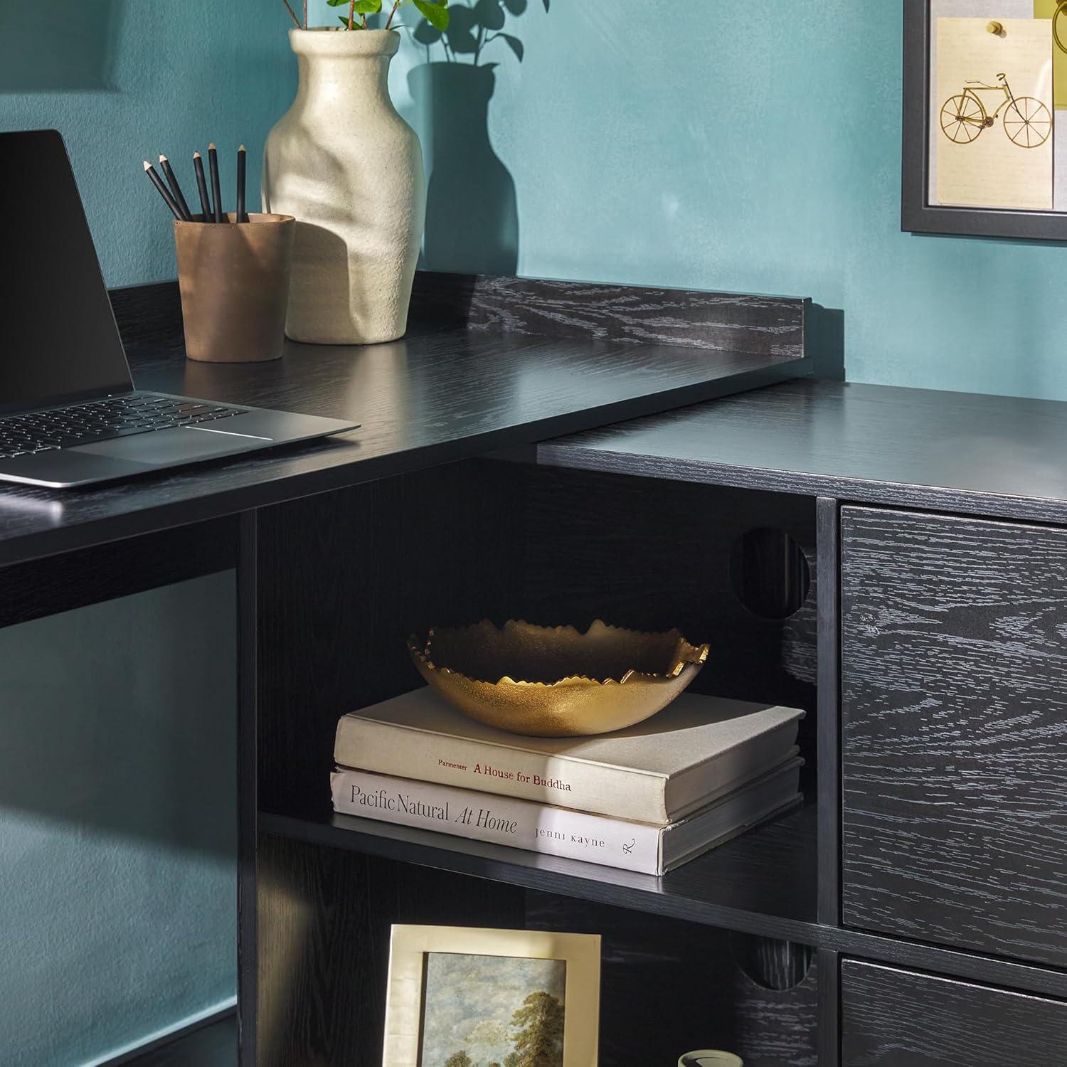 imageWalker Edison Transitional Office Design Writing Desk with Drawers and Open Cubbies Spacious Desktop Reversible Fit Complementary in Living Spaces 4975L BlackBlack