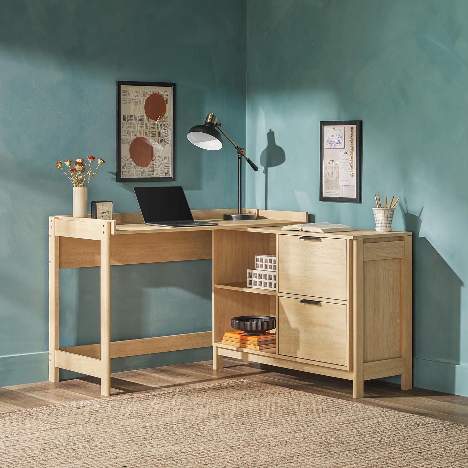 imageWalker Edison Transitional Office Design Writing Desk with Drawers and Open Cubbies Spacious Desktop Reversible Fit Complementary in Living Spaces 4975L BlackCoastal Oak