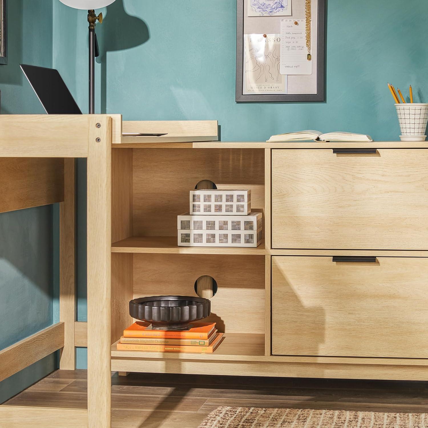 imageWalker Edison Transitional Office Design Writing Desk with Drawers and Open Cubbies Spacious Desktop Reversible Fit Complementary in Living Spaces 4975L BlackCoastal Oak