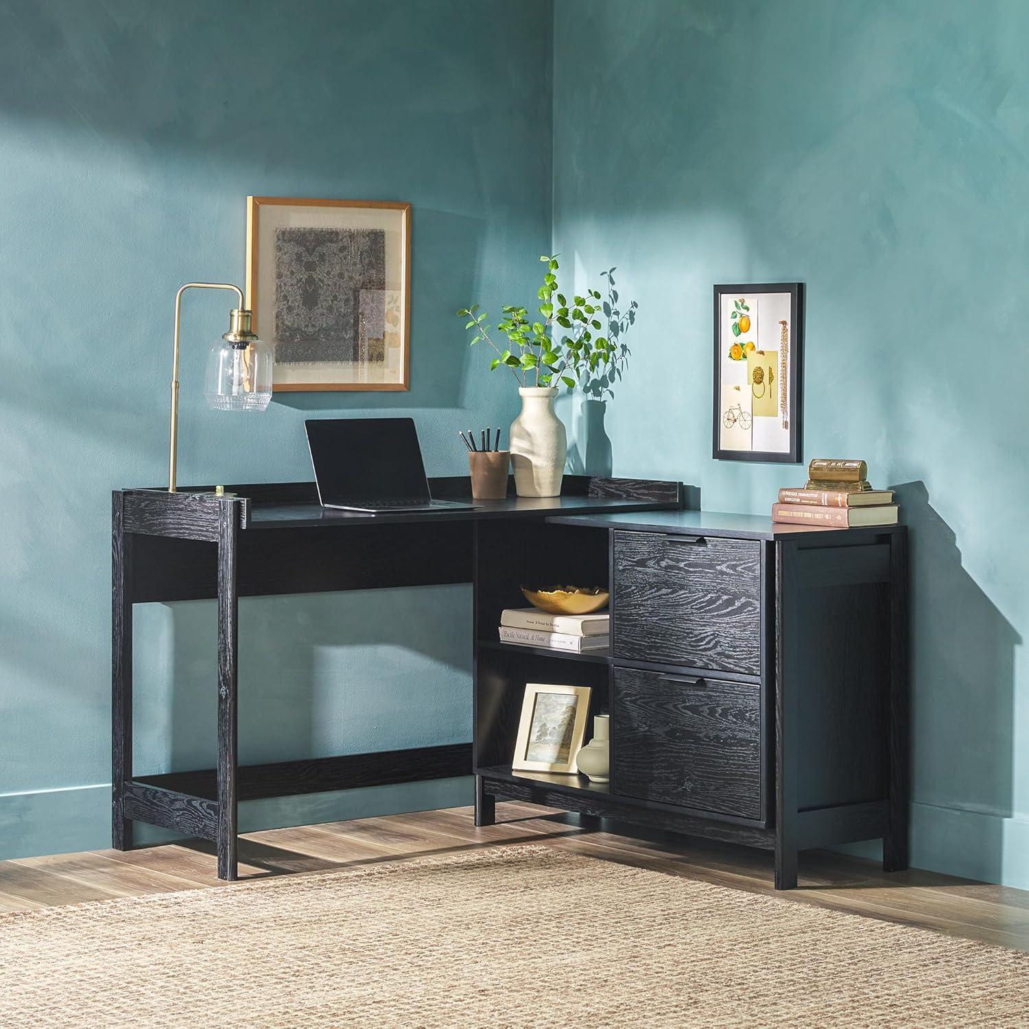 imageWalker Edison Transitional Office Design Writing Desk with Drawers and Open Cubbies Spacious Desktop Reversible Fit Complementary in Living Spaces 4975L BlackBlack