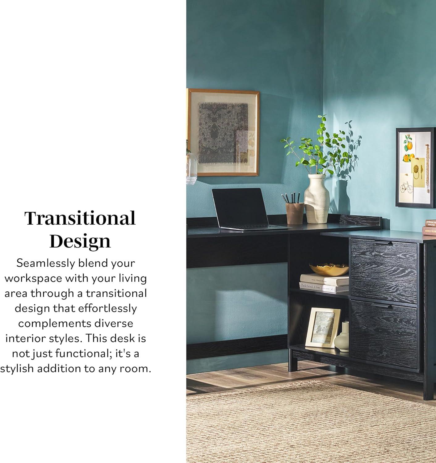 imageWalker Edison Transitional Office Design Writing Desk with Drawers and Open Cubbies Spacious Desktop Reversible Fit Complementary in Living Spaces 4975L BlackBlack