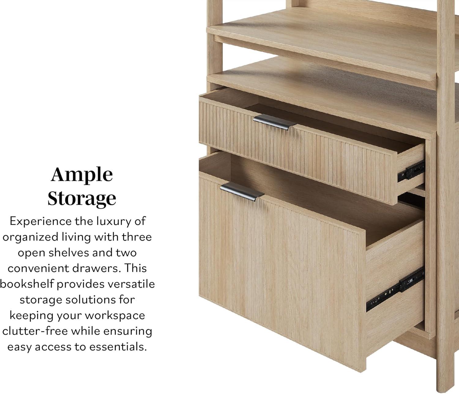 imageWalker Edison Transitional Open Reeded 4Shelf Bookshelf with Drawers Versatile Bookcase with Bottom Storage for Home Office Living Room Bedroom 33 Inch BlackCoastal Oak