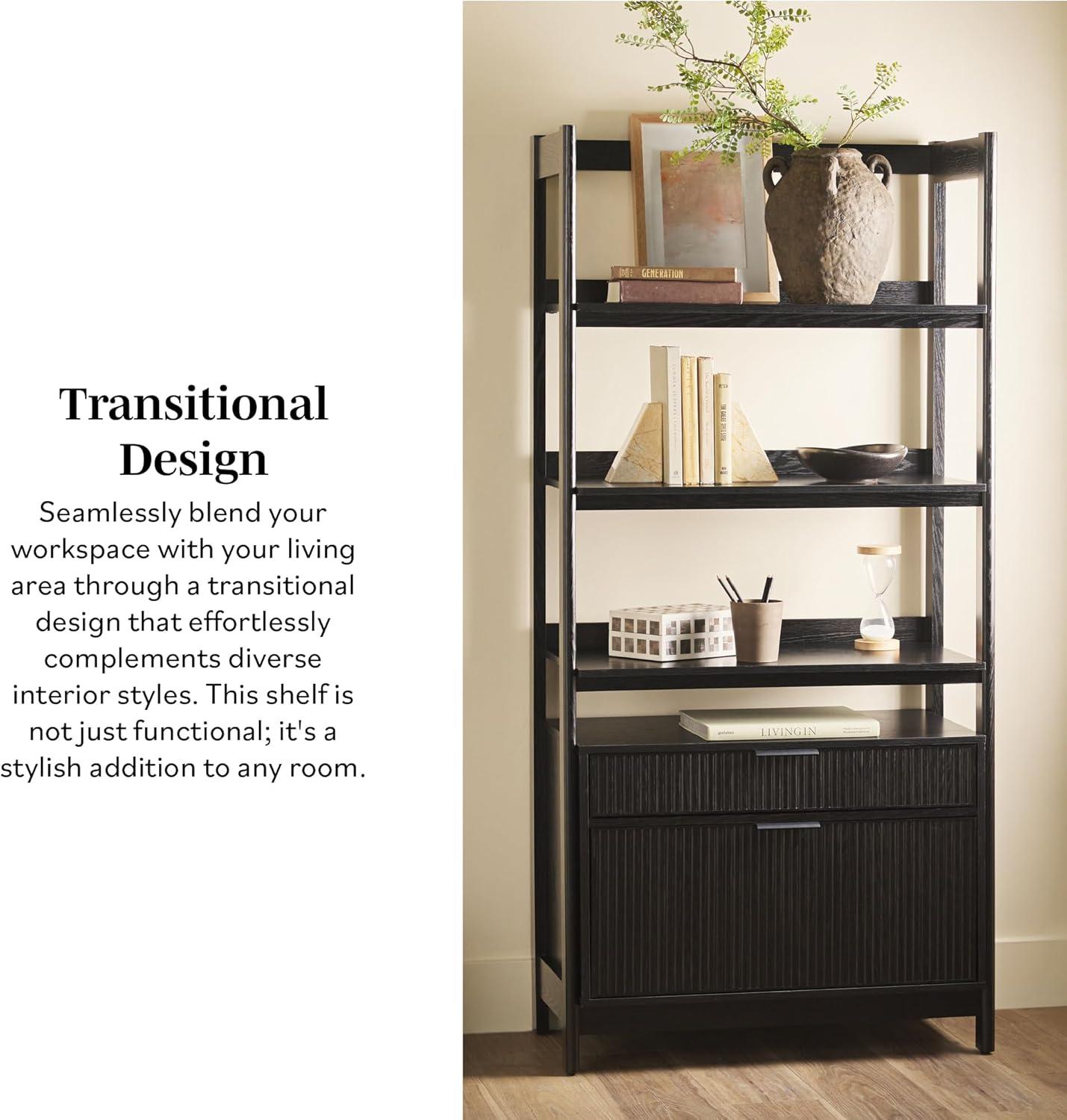 imageWalker Edison Transitional Open Reeded 4Shelf Bookshelf with Drawers Versatile Bookcase with Bottom Storage for Home Office Living Room Bedroom 33 Inch BlackBlack