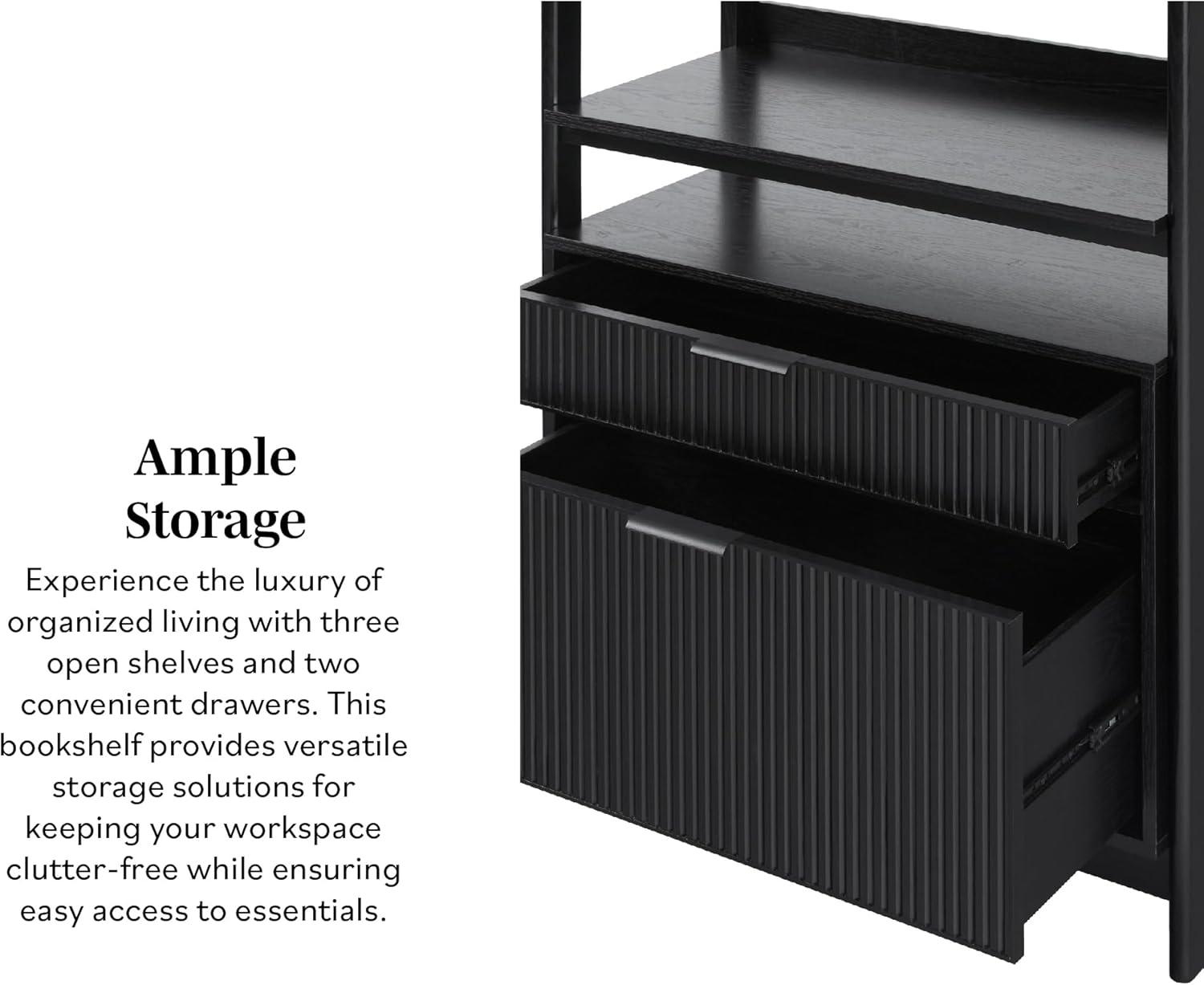 imageWalker Edison Transitional Open Reeded 4Shelf Bookshelf with Drawers Versatile Bookcase with Bottom Storage for Home Office Living Room Bedroom 33 Inch BlackBlack