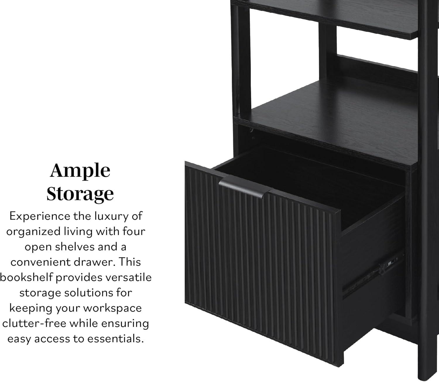 imageWalker Edison Transitional Reeded Narrow Open Bookshelf with Drawer Home Office Living Room Bedroom 4Shelf Bookcase with Bottom Storage 22 Inch BlackBlack