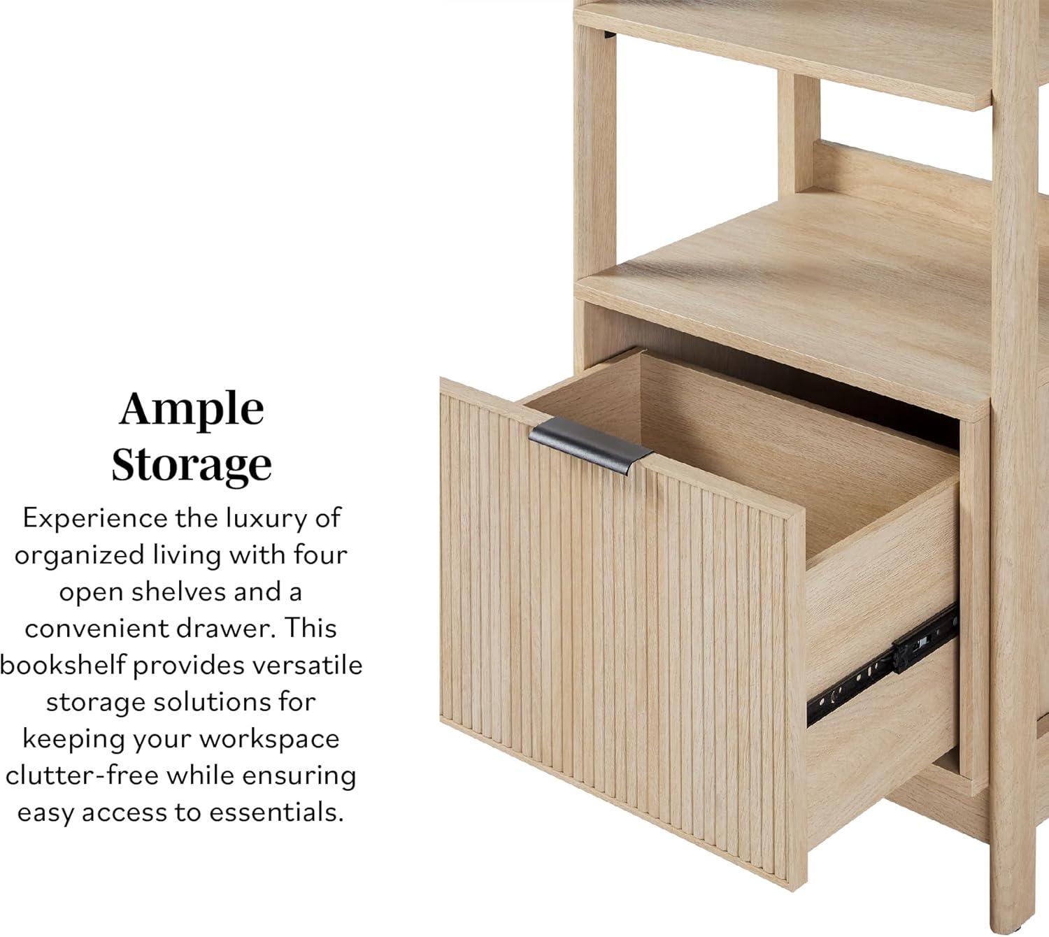 imageWalker Edison Transitional Reeded Narrow Open Bookshelf with Drawer Home Office Living Room Bedroom 4Shelf Bookcase with Bottom Storage 22 Inch BlackCoastal Oak