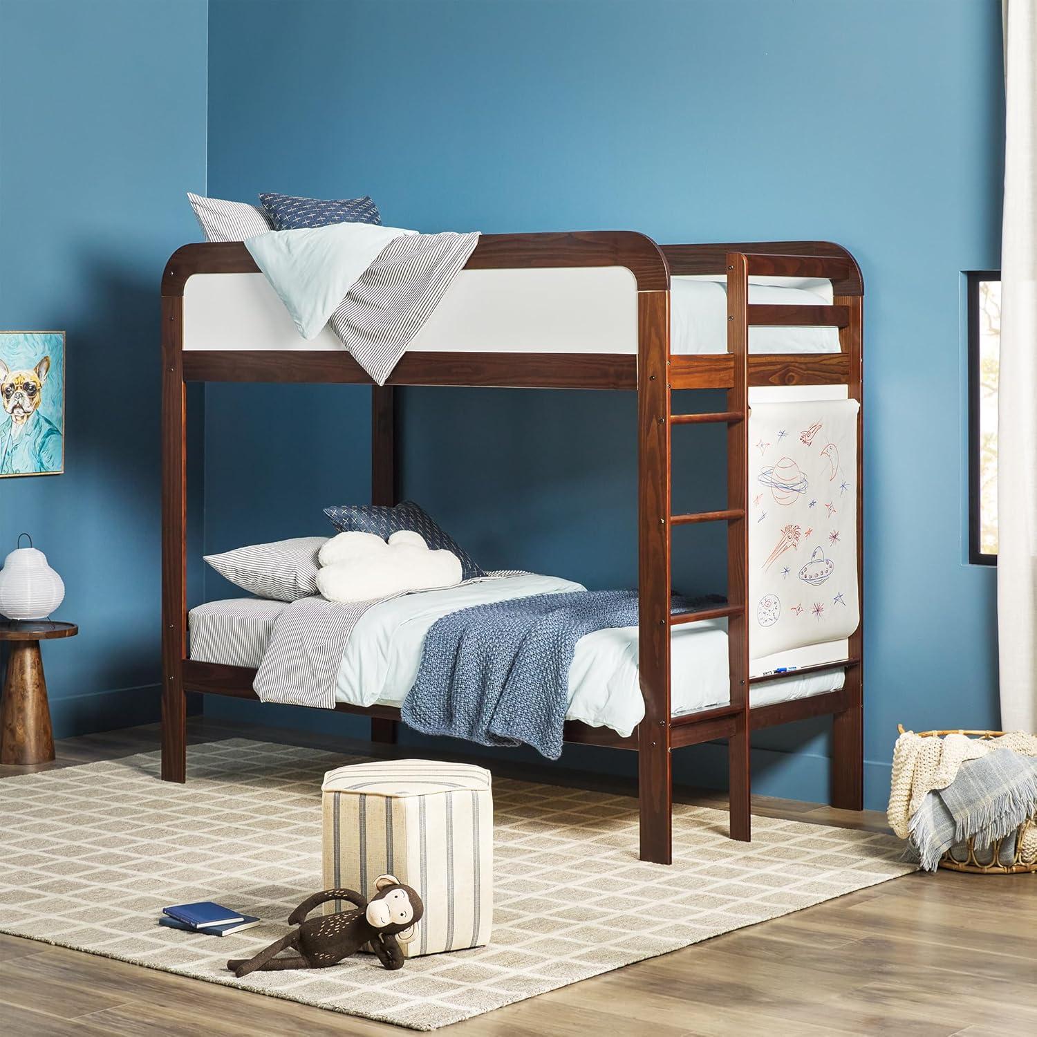 imageWalker Edison Twin Contemporary Solid Wood Bunk Bed Builtin Ladder No Box Spring Required Twin Size WalnutWalnut