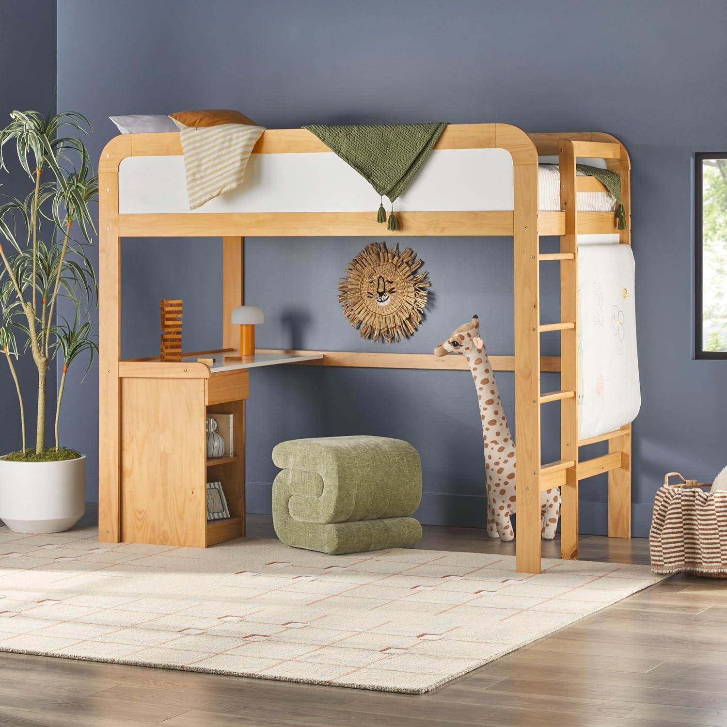 imageWalker Edison Twin Contemporary Solid Wood Loft Bed with Desk Builtin Ladder No Box Spring Required Twin Size WalnutNatural Pine