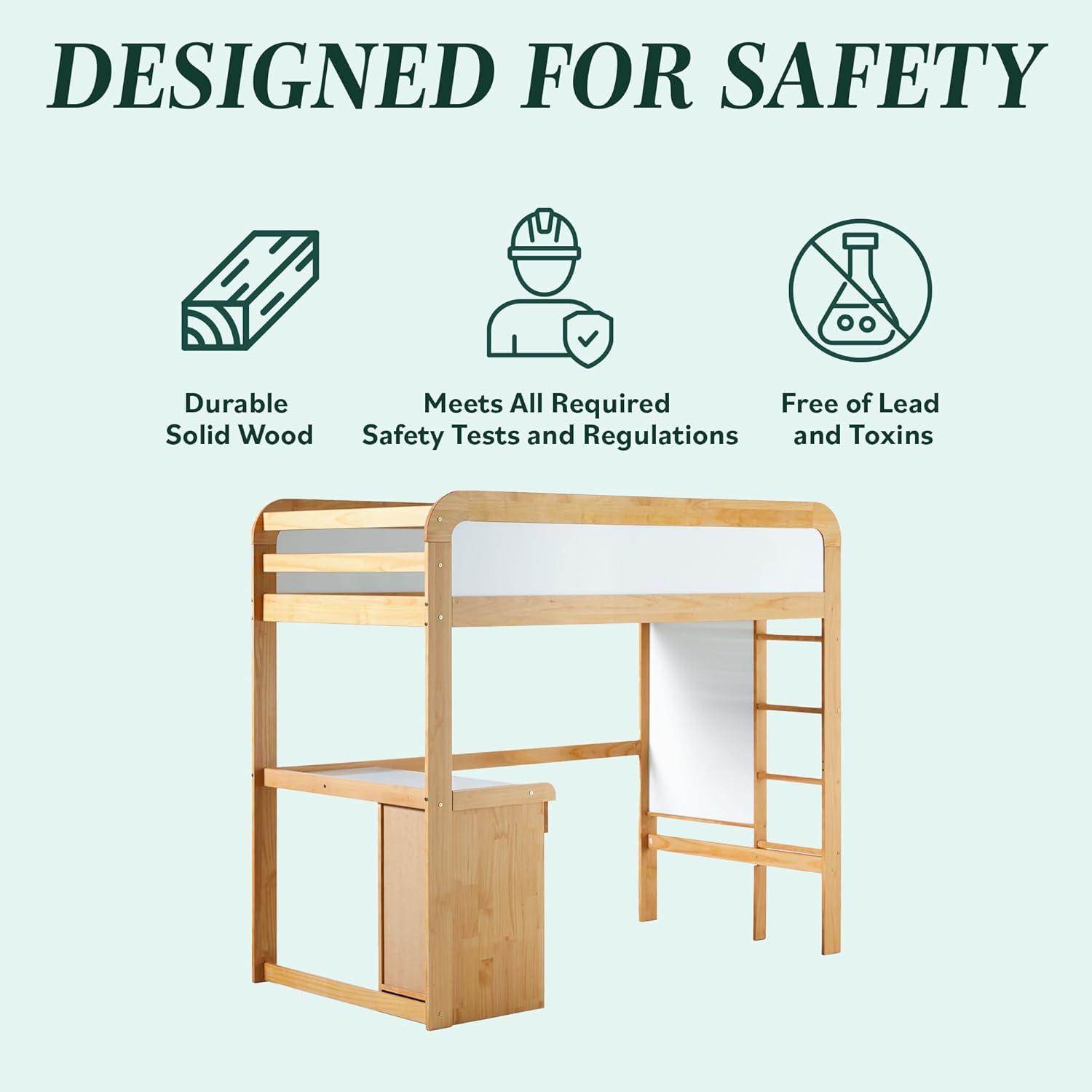 imageWalker Edison Twin Contemporary Solid Wood Loft Bed with Desk Builtin Ladder No Box Spring Required Twin Size WalnutNatural Pine