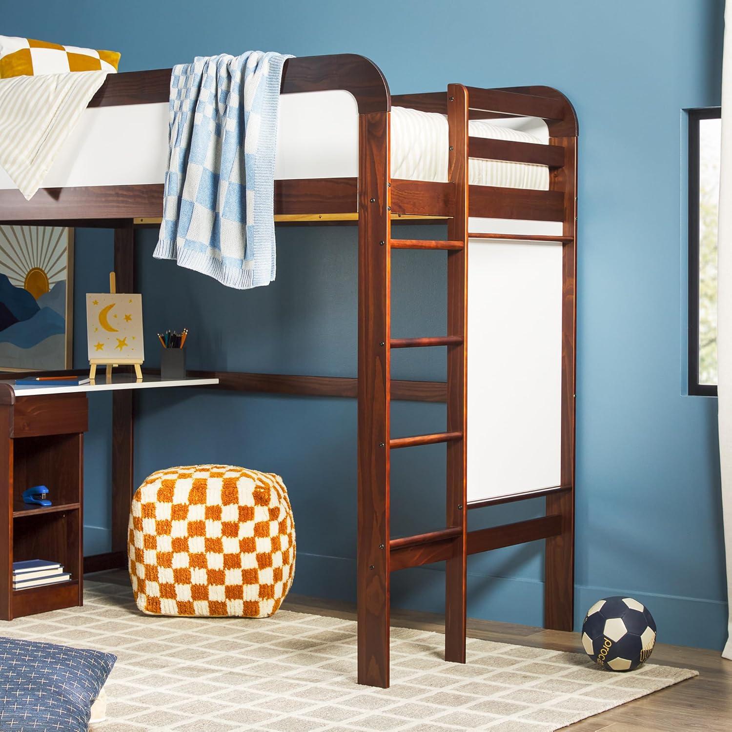 imageWalker Edison Twin Contemporary Solid Wood Loft Bed with Desk Builtin Ladder No Box Spring Required Twin Size WalnutWalnut