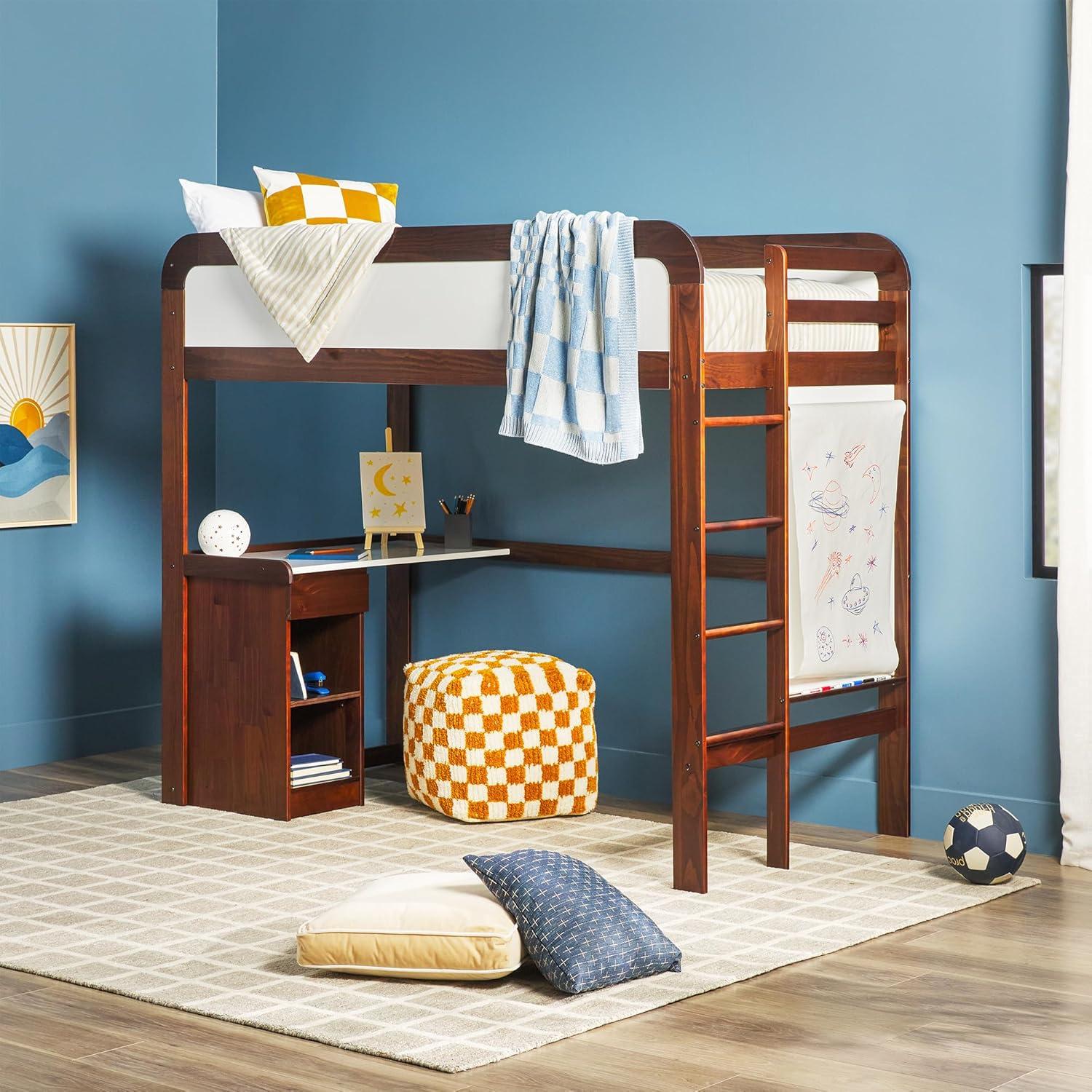 imageWalker Edison Twin Contemporary Solid Wood Loft Bed with Desk Builtin Ladder No Box Spring Required Twin Size WalnutWalnut