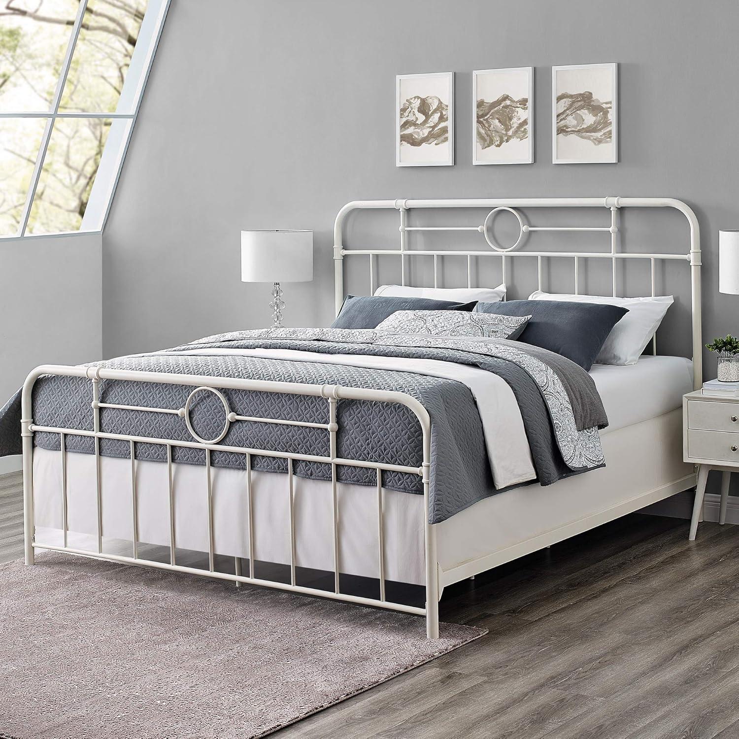 imageWalker Edison Vintage Metal Iron Pipe Queen Size Bed Headboard Bedroom Headboard Footboard Bed Frame Bedroom Queen BronzeWhite