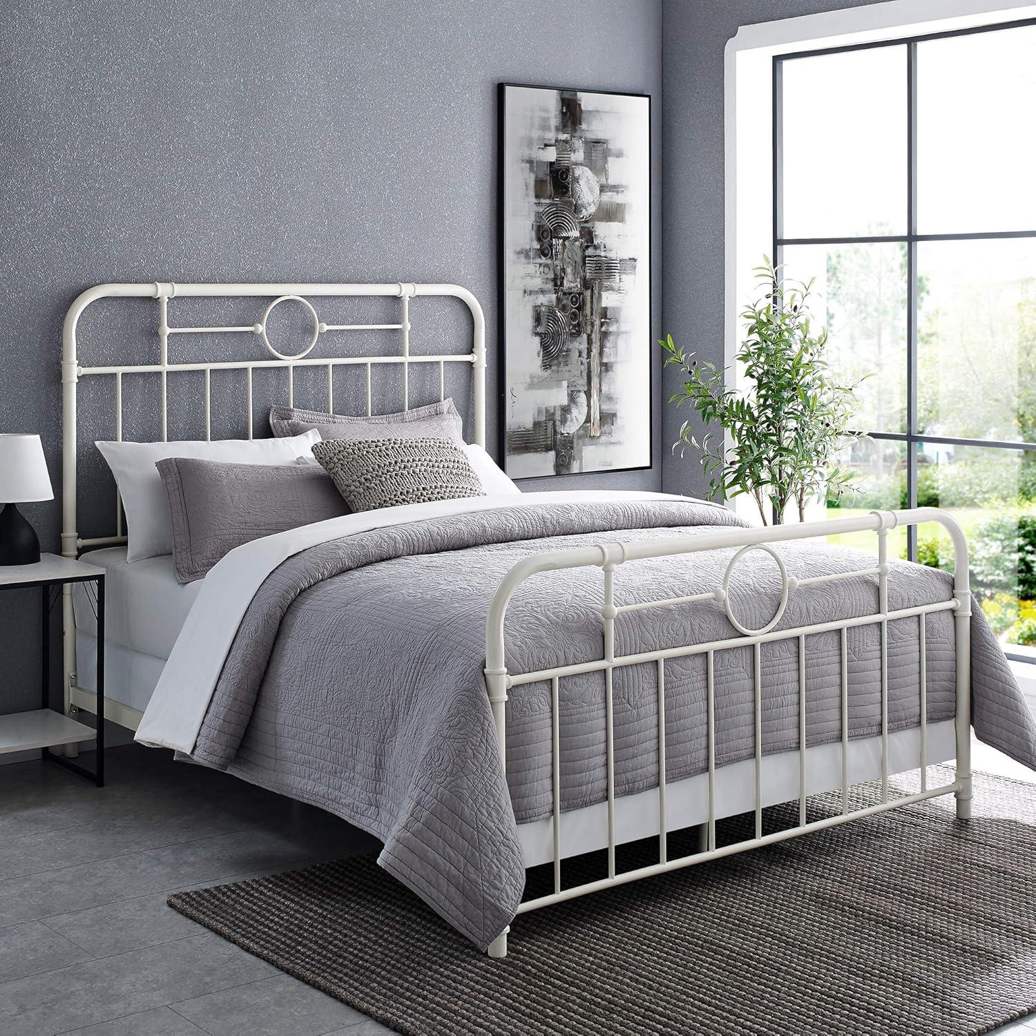 imageWalker Edison Vintage Metal Iron Pipe Queen Size Bed Headboard Bedroom Headboard Footboard Bed Frame Bedroom Queen BronzeWhite