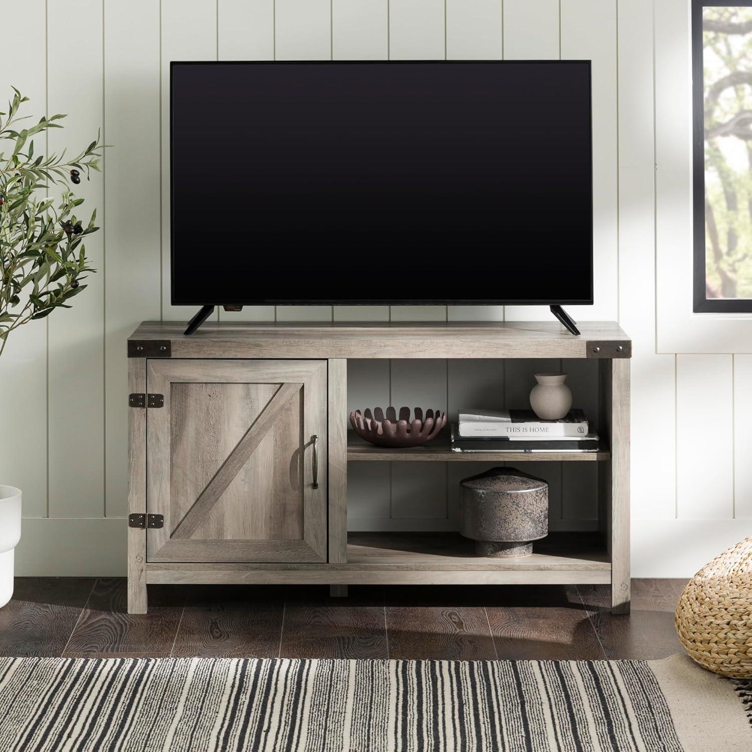 imageWalker Edison Wesley Modern Farmhouse Glass Door TV Stand for TVs up to 65 Inches 58 Inch Stone Grey Without FireplaceGrey Wash