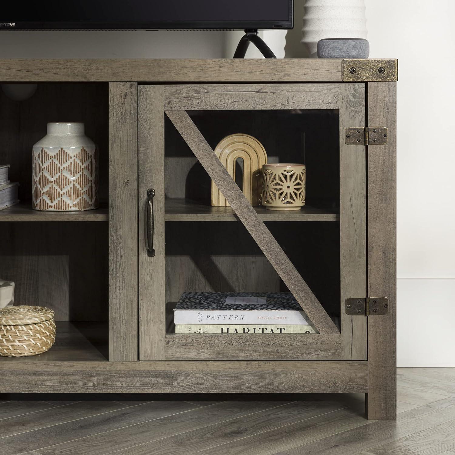 imageWalker Edison Wesley Modern Farmhouse Glass Door TV Stand for TVs up to 65 Inches 58 Inch Stone Grey Without FireplaceGrey Wash