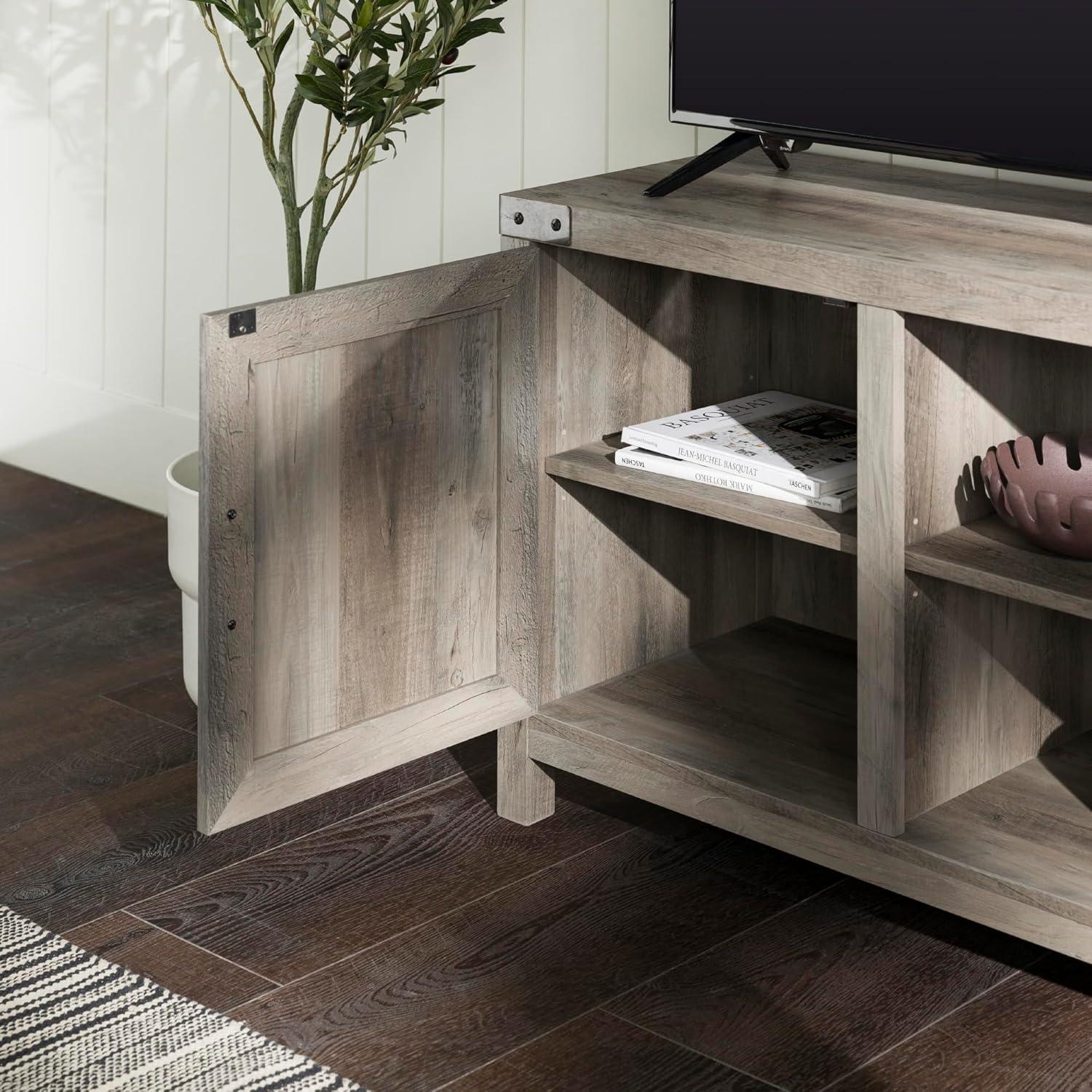 imageWalker Edison Wesley Modern Farmhouse Glass Door TV Stand for TVs up to 65 Inches 58 Inch Stone Grey Without FireplaceGrey Wash