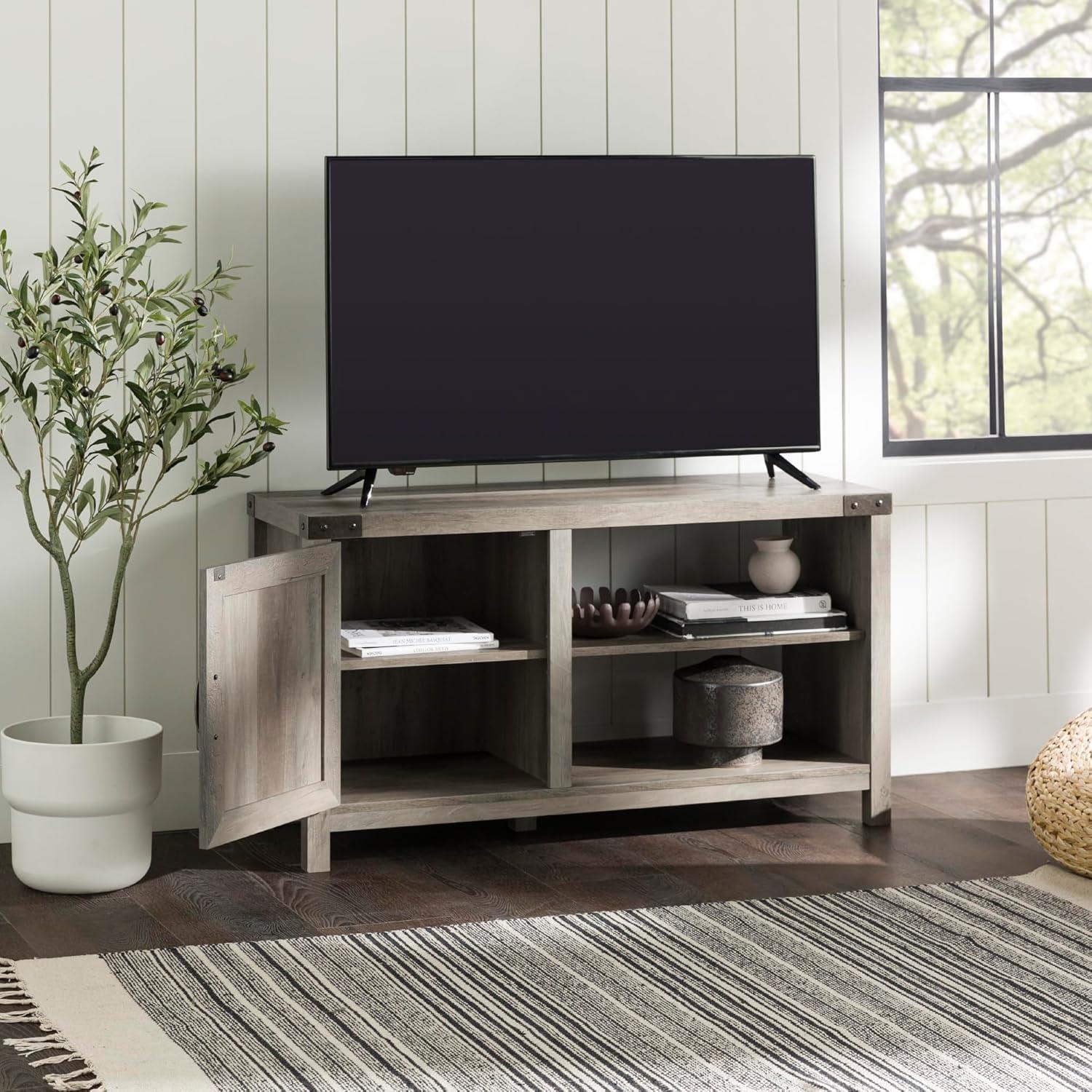 imageWalker Edison Wesley Modern Farmhouse Glass Door TV Stand for TVs up to 65 Inches 58 Inch Stone Grey Without FireplaceGrey Wash