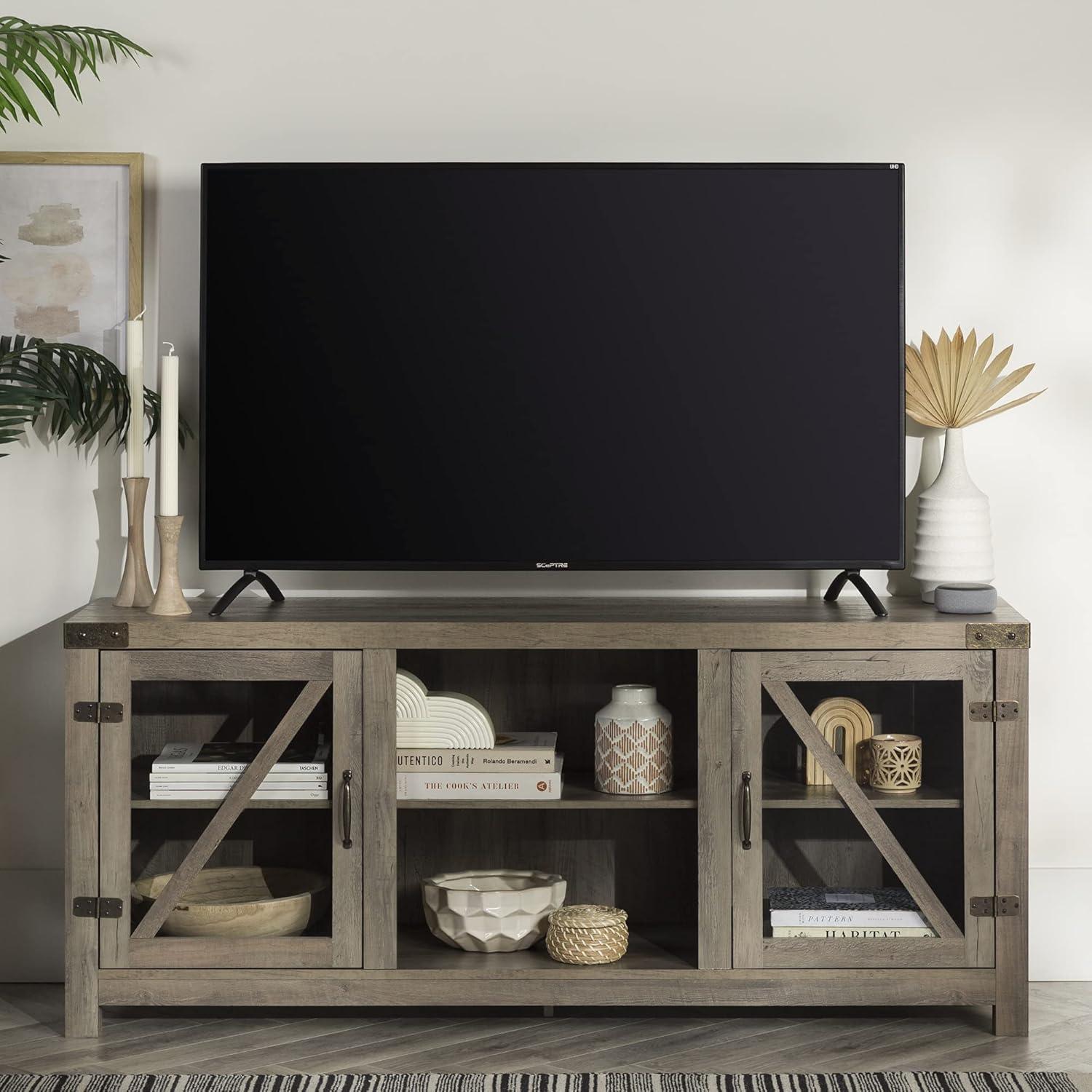 imageWalker Edison Wesley Modern Farmhouse Glass Door TV Stand for TVs up to 65 Inches 58 Inch Stone Grey Without FireplaceGrey Wash