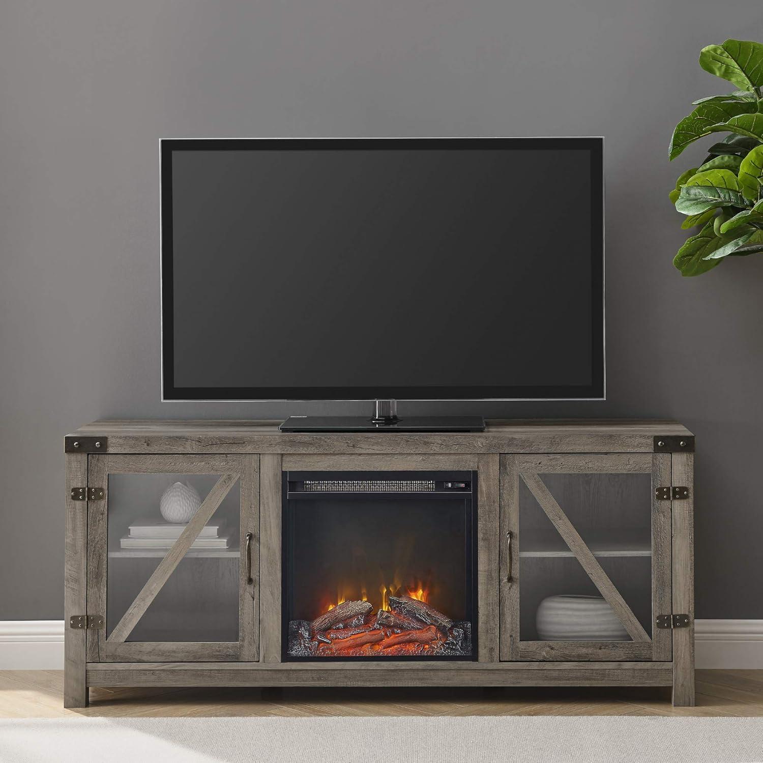 imageWalker Edison Wesley Modern Farmhouse Glass Door TV Stand for TVs up to 65 Inches 58 Inch Stone Grey Without FireplaceGrey Wash