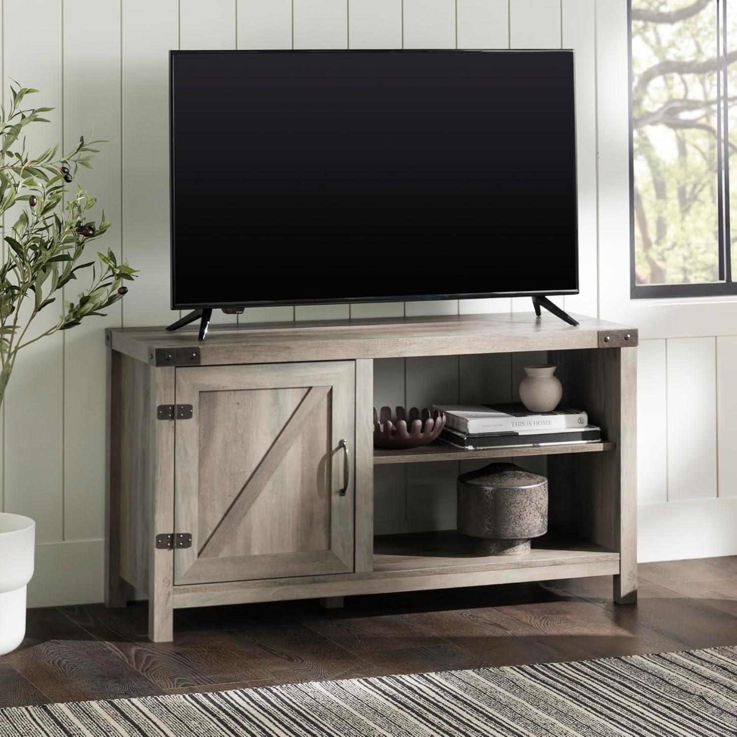 imageWalker Edison Wesley Modern Farmhouse Glass Door TV Stand for TVs up to 65 Inches 58 Inch Stone Grey Without FireplaceGrey Wash