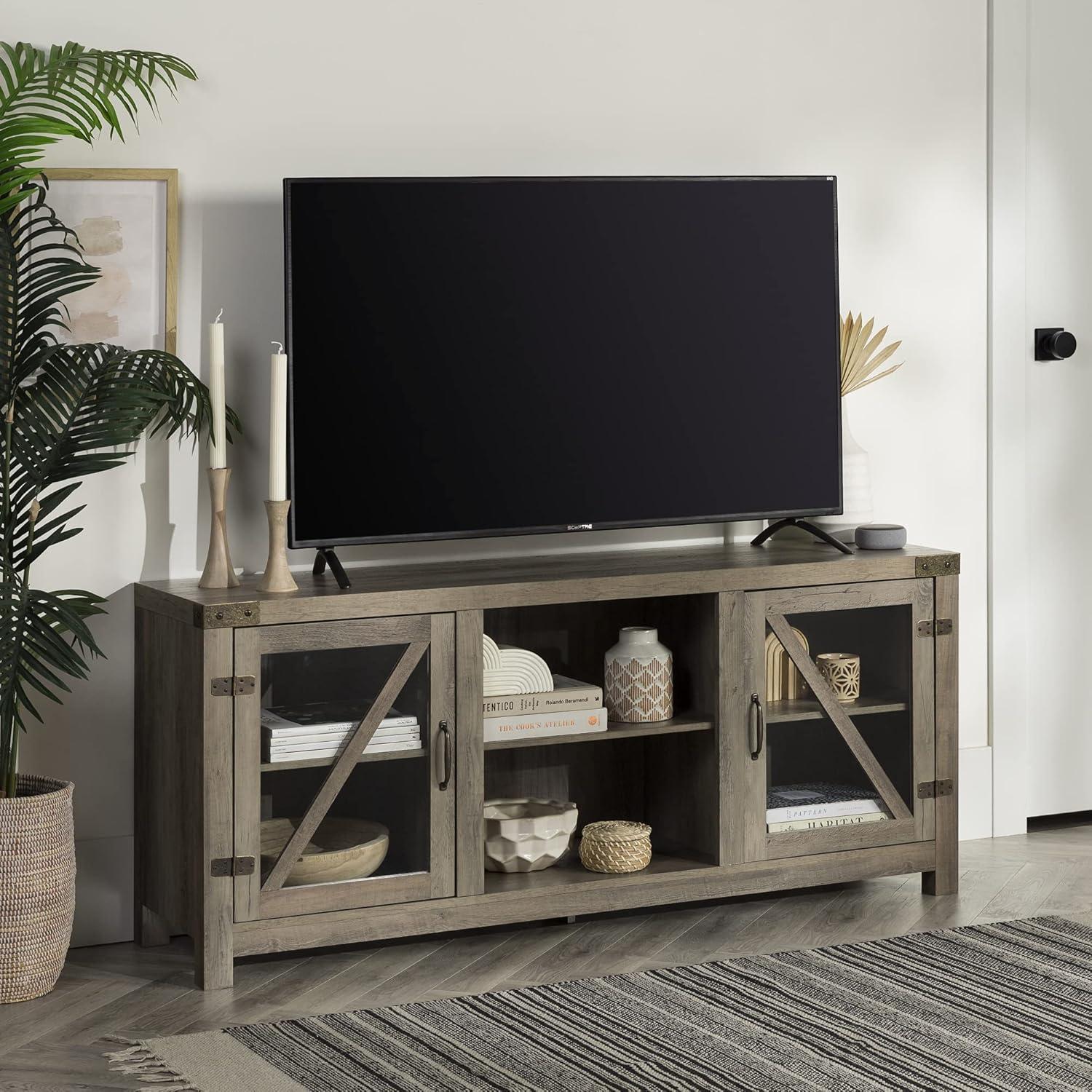 imageWalker Edison Wesley Modern Farmhouse Glass Door TV Stand for TVs up to 65 Inches 58 Inch Stone Grey Without FireplaceGrey Wash