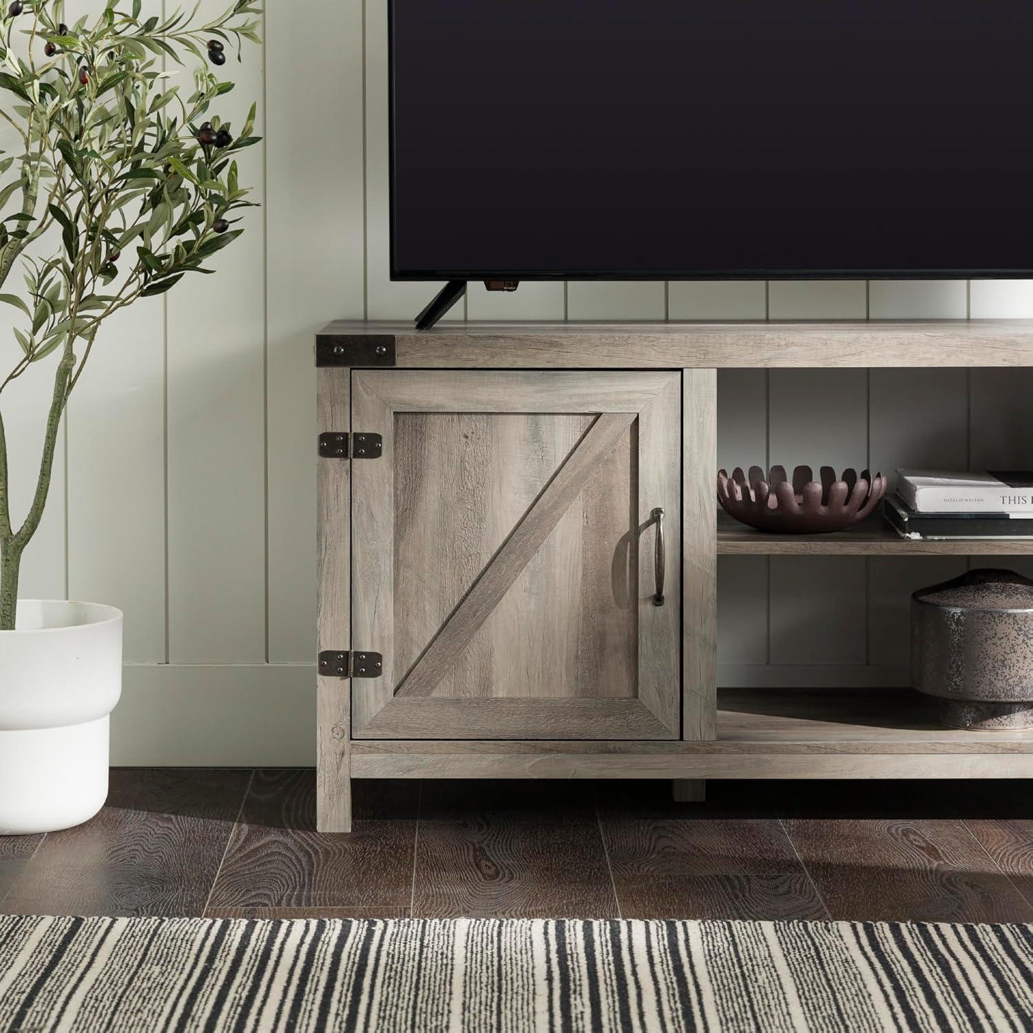 imageWalker Edison Wesley Modern Farmhouse Glass Door TV Stand for TVs up to 65 Inches 58 Inch Stone Grey Without FireplaceGrey Wash