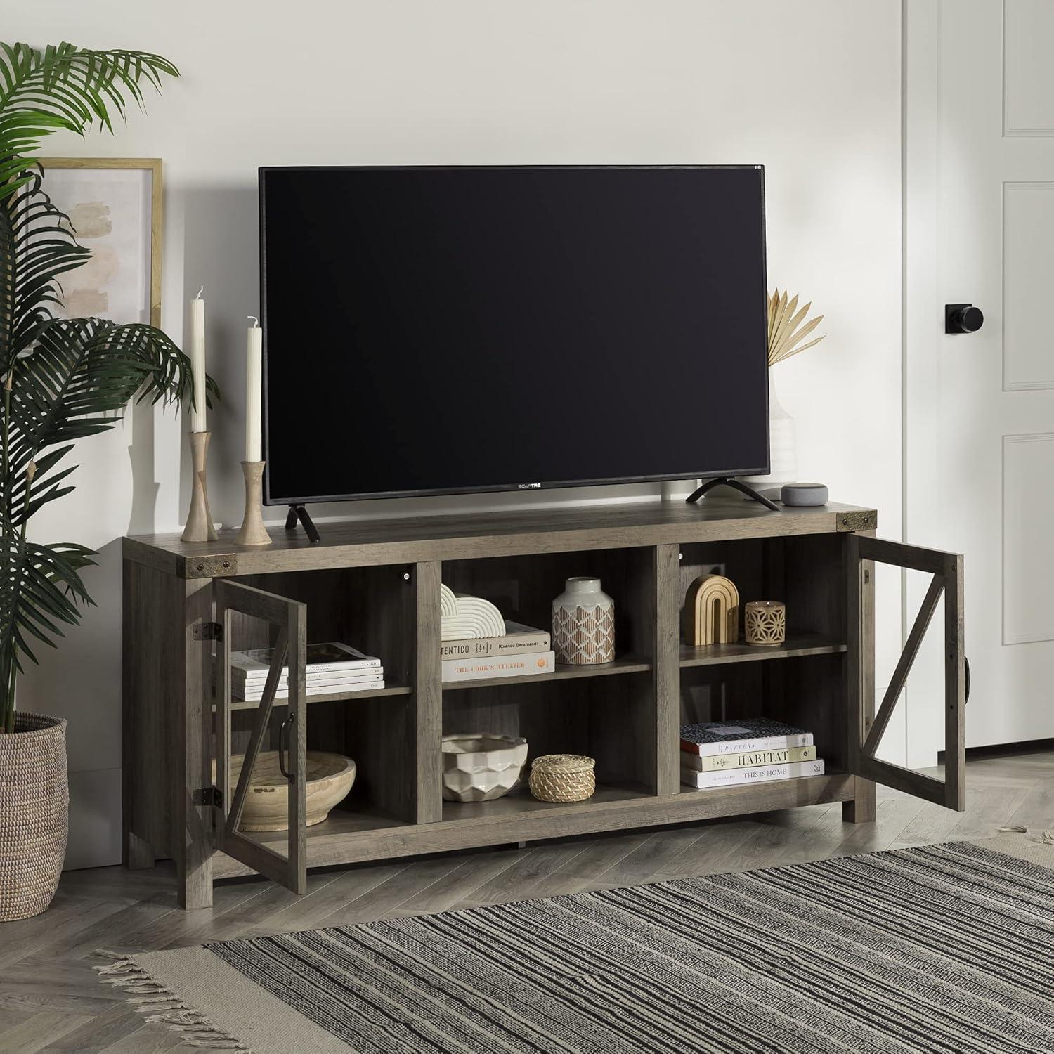 imageWalker Edison Wesley Modern Farmhouse Glass Door TV Stand for TVs up to 65 Inches 58 Inch Stone Grey Without FireplaceGrey Wash