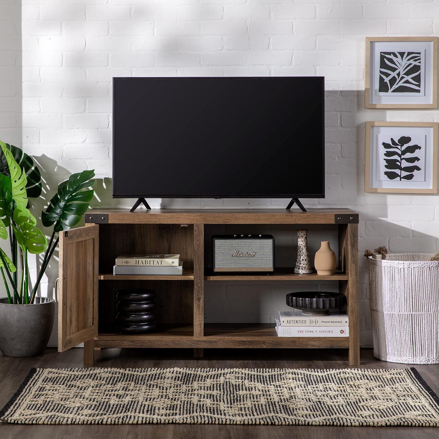 imageWalker Edison Wesley Modern Farmhouse Glass Door TV Stand for TVs up to 65 Inches 58 Inch Stone Grey Without FireplaceRustic Oak