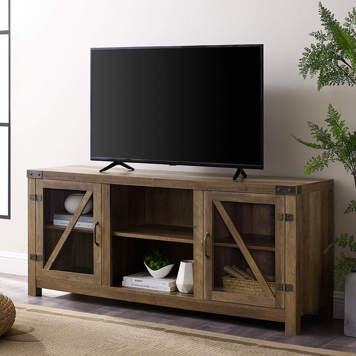 imageWalker Edison Wesley Modern Farmhouse Glass Door TV Stand for TVs up to 65 Inches 58 Inch Stone Grey Without FireplaceRustic Oak