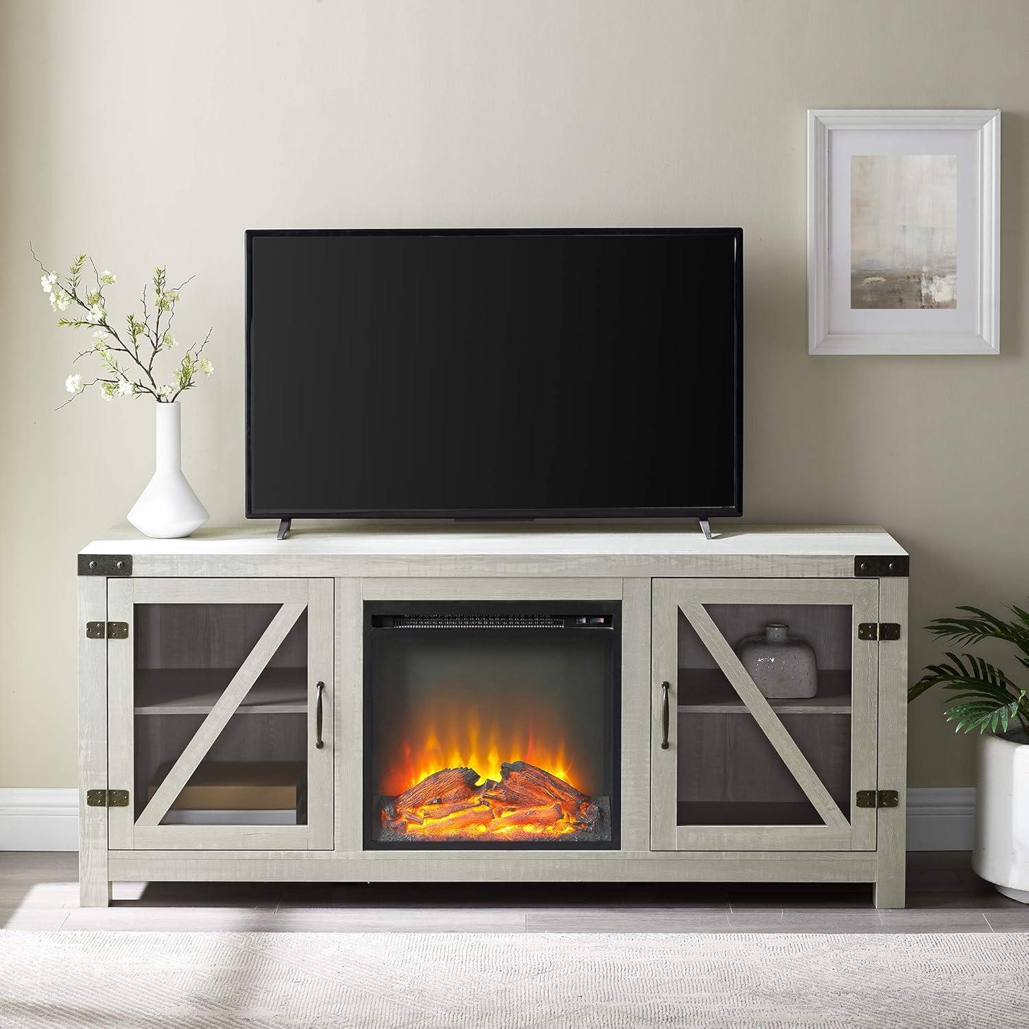 imageWalker Edison Wesley Modern Farmhouse Glass Door TV Stand for TVs up to 65 Inches 58 Inch Stone Grey Without FireplaceStone Grey