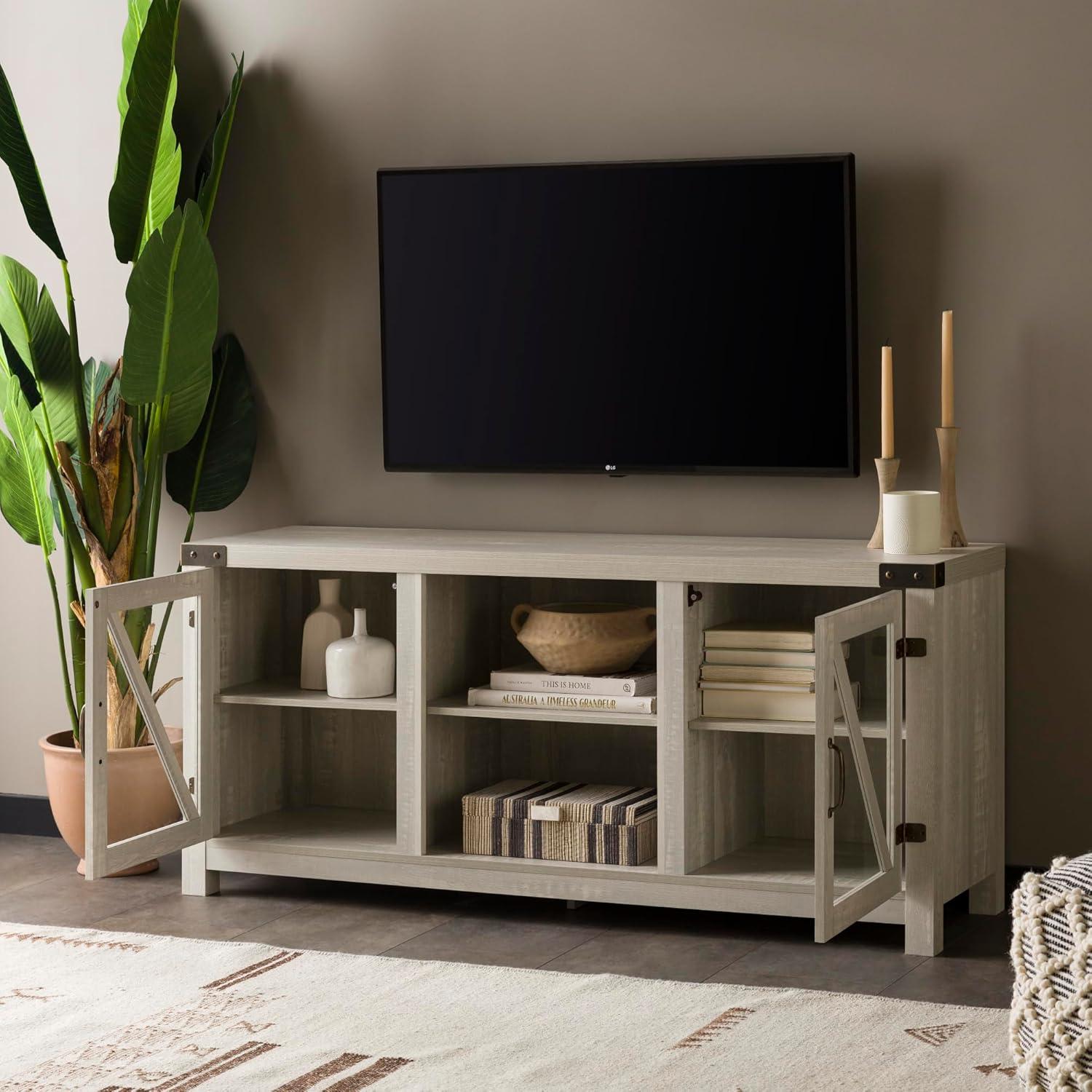 imageWalker Edison Wesley Modern Farmhouse Glass Door TV Stand for TVs up to 65 Inches 58 Inch Stone Grey Without FireplaceStone Grey