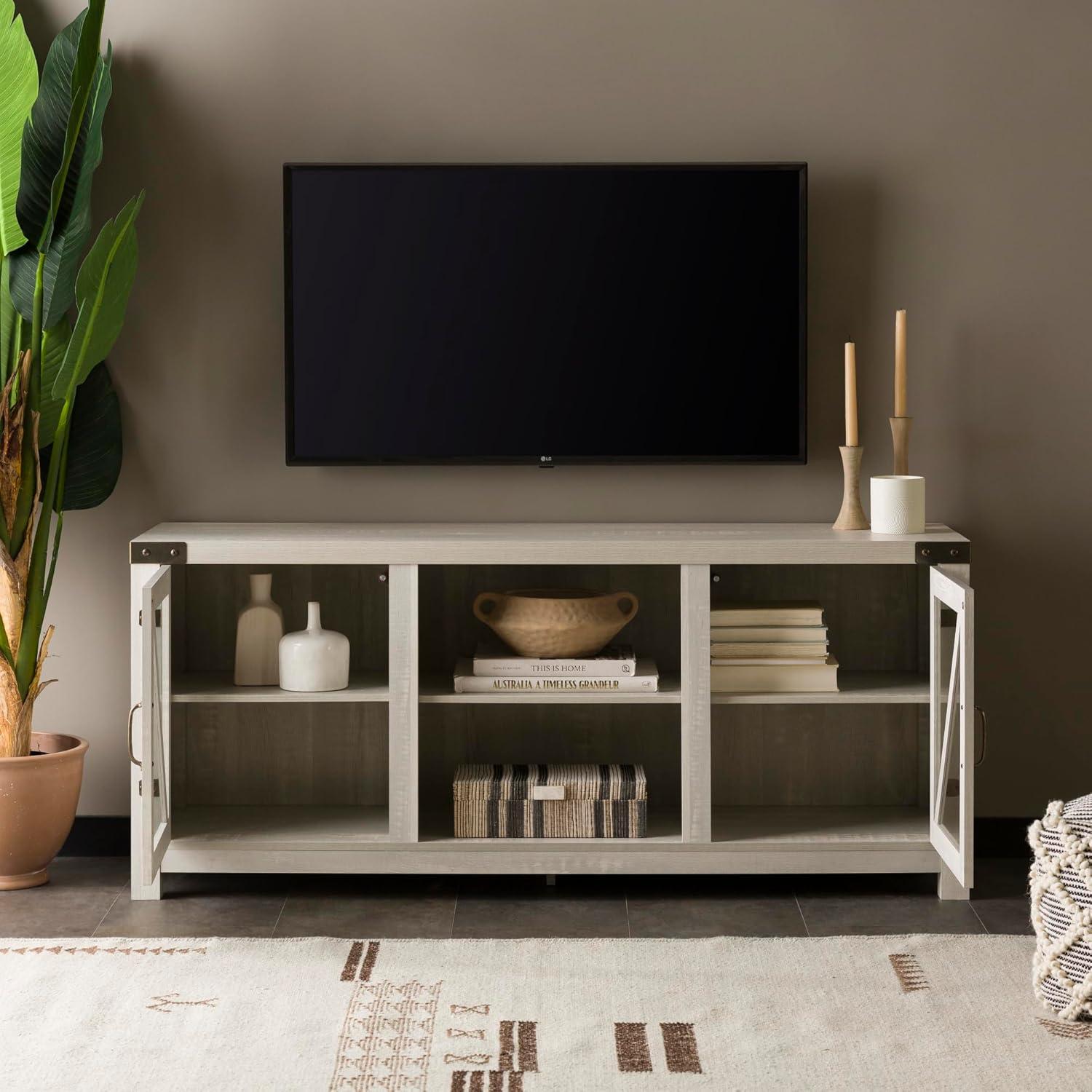 imageWalker Edison Wesley Modern Farmhouse Glass Door TV Stand for TVs up to 65 Inches 58 Inch Stone Grey Without FireplaceStone Grey