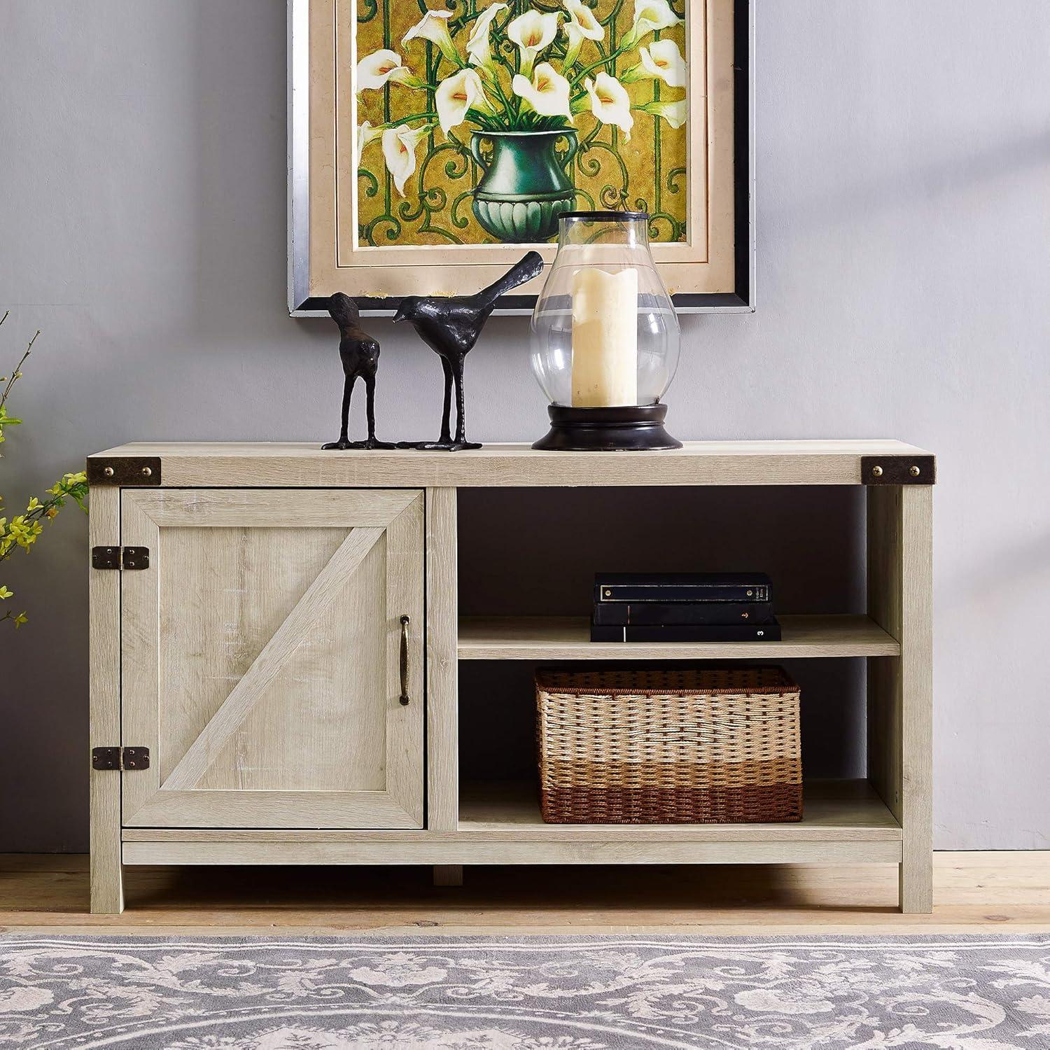 imageWalker Edison Wesley Modern Farmhouse Glass Door TV Stand for TVs up to 65 Inches 58 Inch Stone Grey Without FireplaceWhite Oak