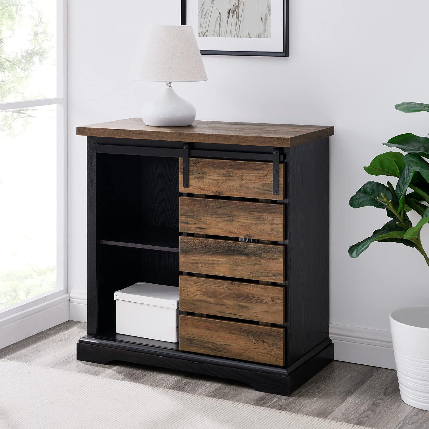 imageWalker Edison Willa Modern Farmhouse Sliding Single Slat Door Storage Console 32 Inch White and Rustic OakBlack and Rustic Oak