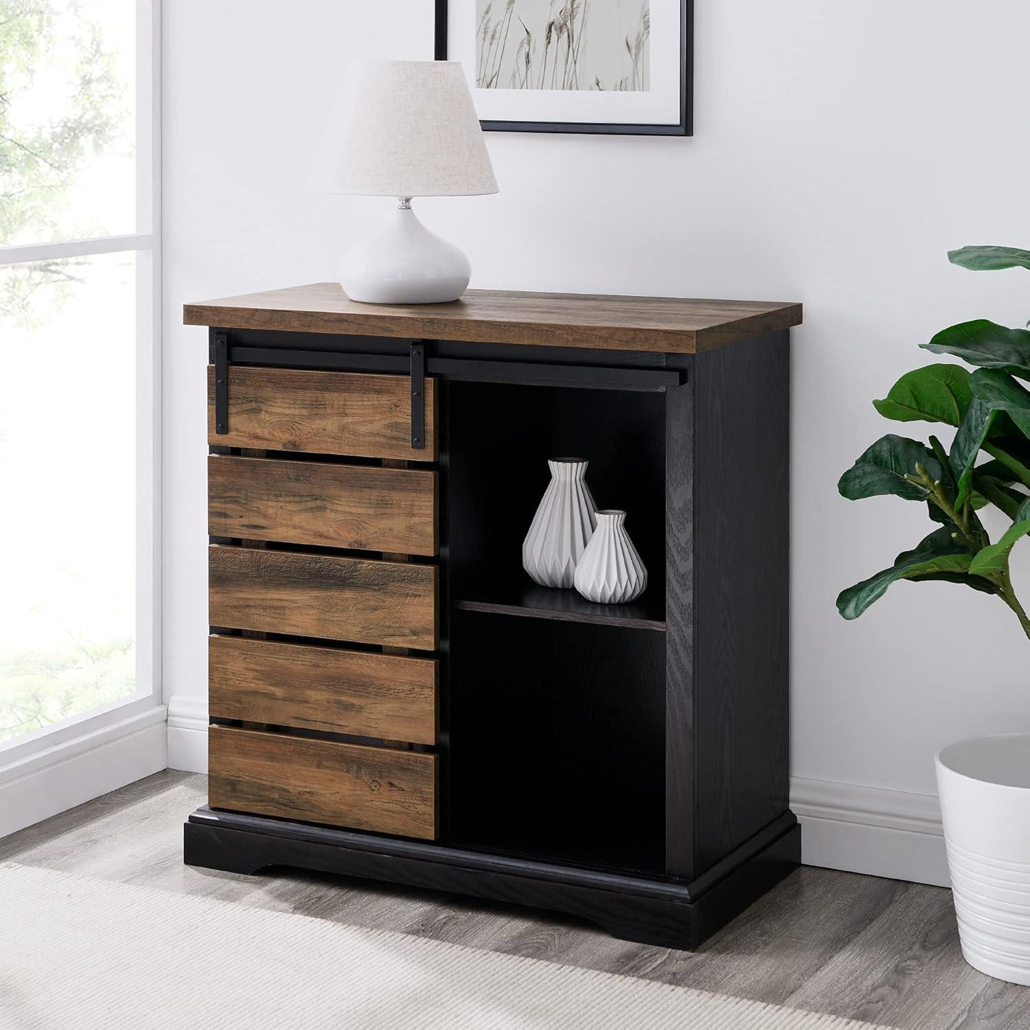 imageWalker Edison Willa Modern Farmhouse Sliding Single Slat Door Storage Console 32 Inch White and Rustic OakBlack and Rustic Oak