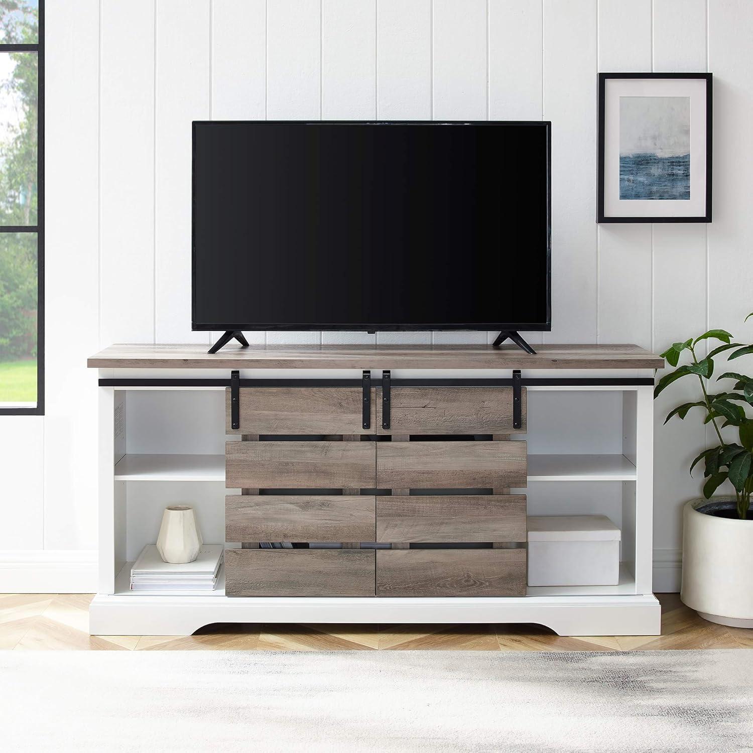 imageWalker Edison Willa Modern Farmhouse Sliding Single Slat Door Storage Console 32 Inch White and Rustic OakGrey Wash