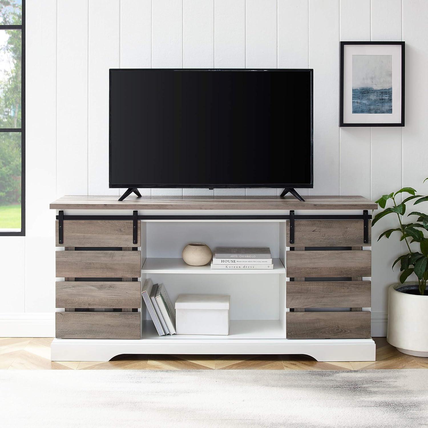 imageWalker Edison Willa Modern Farmhouse Sliding Single Slat Door Storage Console 32 Inch White and Rustic OakGrey Wash