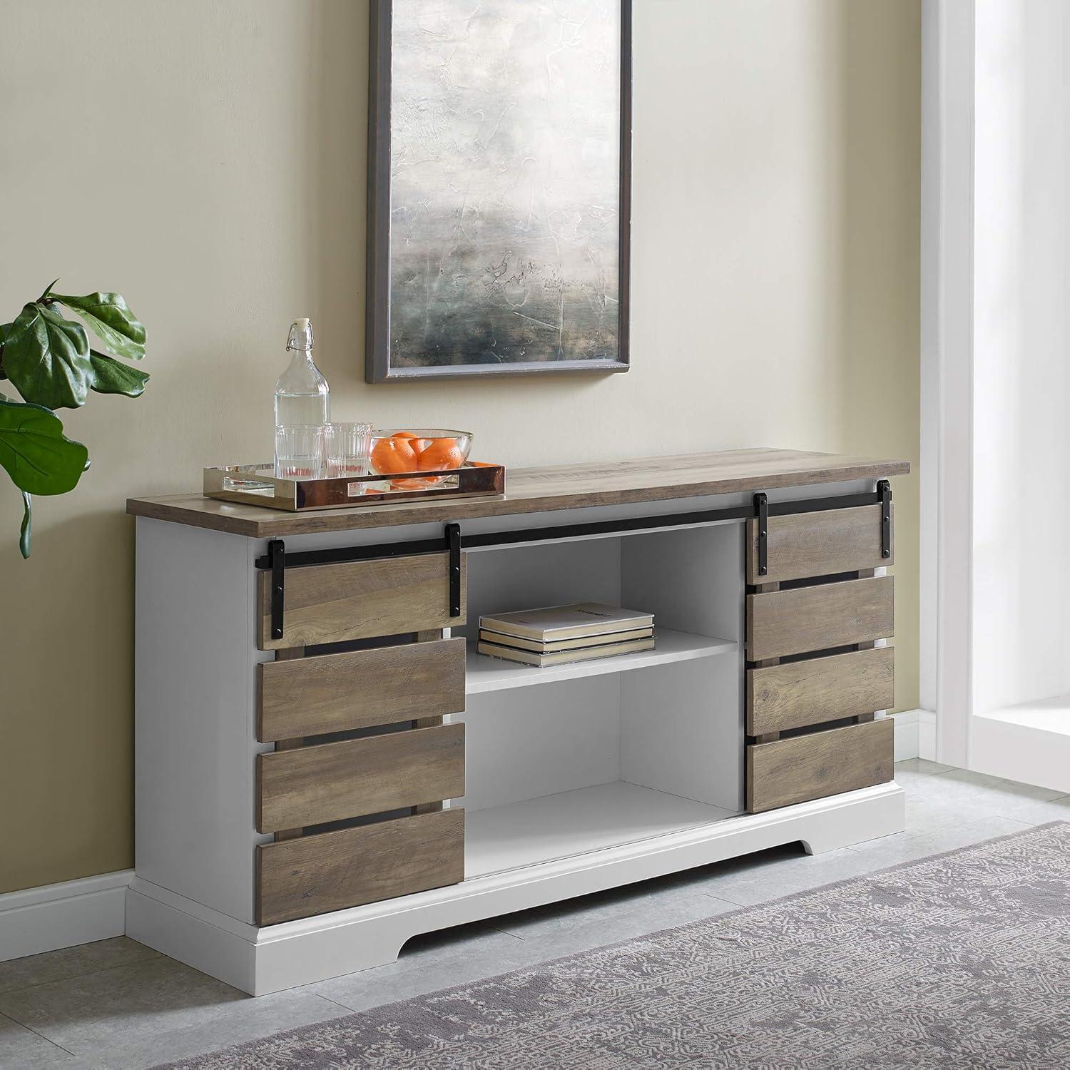 imageWalker Edison Willa Modern Farmhouse Sliding Single Slat Door Storage Console 32 Inch White and Rustic OakRustic Oak