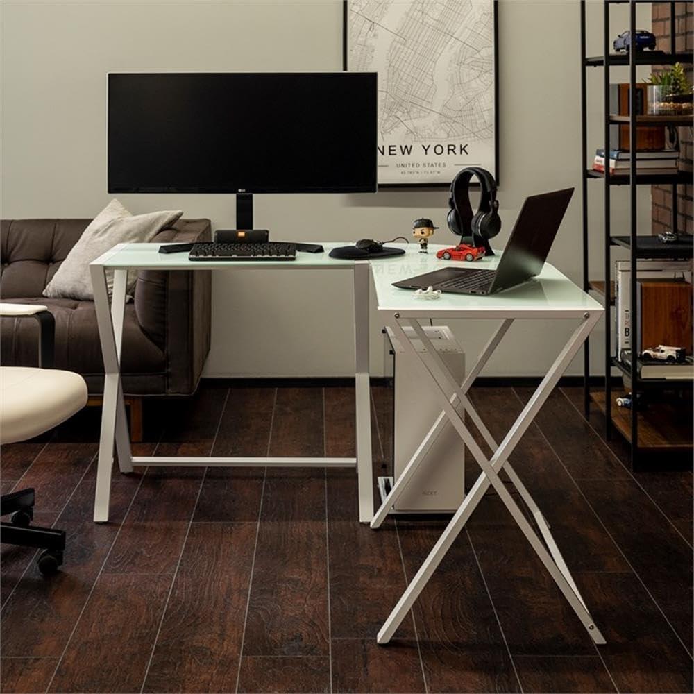 imageWalker Edison Wright Modern X Leg Glass Top Corner Computer Gaming L Shape Desk Home Office 51 Inch White