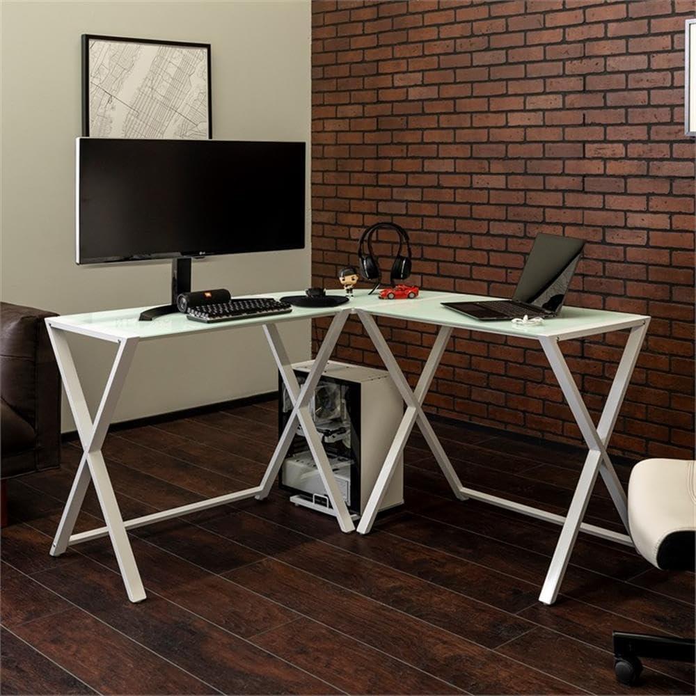 imageWalker Edison Wright Modern X Leg Glass Top Corner Computer Gaming L Shape Desk Home Office 51 Inch White