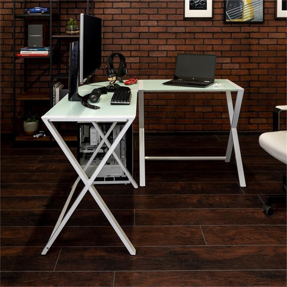 imageWalker Edison Wright Modern X Leg Glass Top Corner Computer Gaming L Shape Desk Home Office 51 Inch White