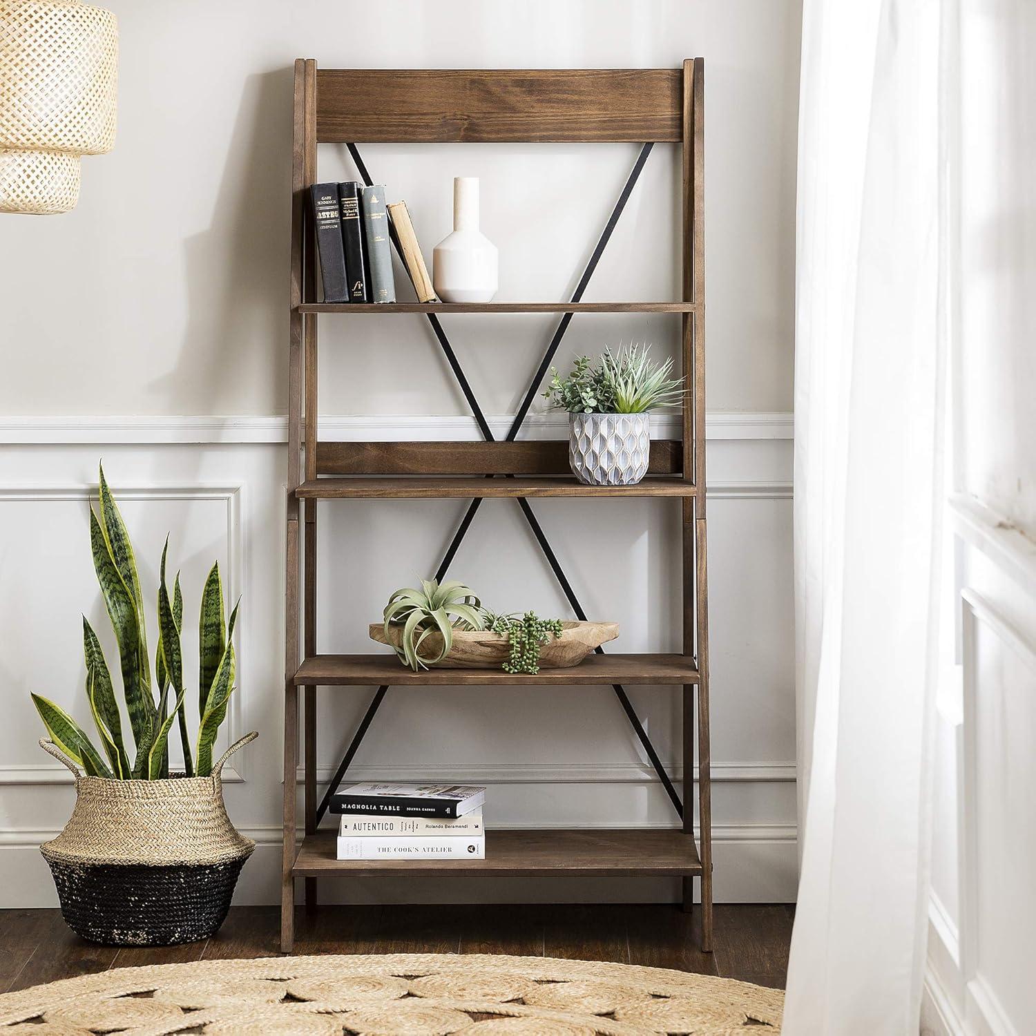 imageWalker Edison X Back Modern Farmhouse Wood Bookcase Bookshelf Home Office Living Room Storage 4 Shelves BrownBrown