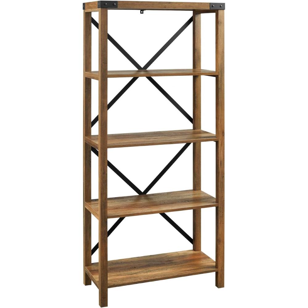imageWalker Edison Andersen Urban Industrial Metal X Back 4 tier Bookshelf 64 Inch Grey WashRustic Oak