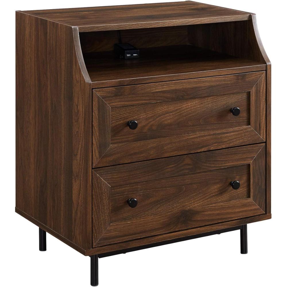 imageWalker Edison Florence 22 Inch 2 Drawer Open Top Side Table with USB Port BirchDark Walnut