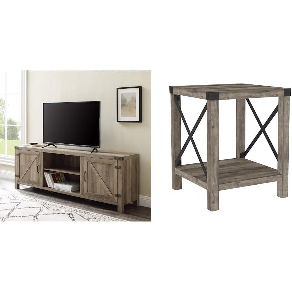 imageWalker Edison Georgetown Modern Farmhouse Double Barn Door TV Stand for TVs up to 80 Inches 70 Inch Rustic Oak Without Fireplace 1575 x 70 x 24 inchesGrey Wash