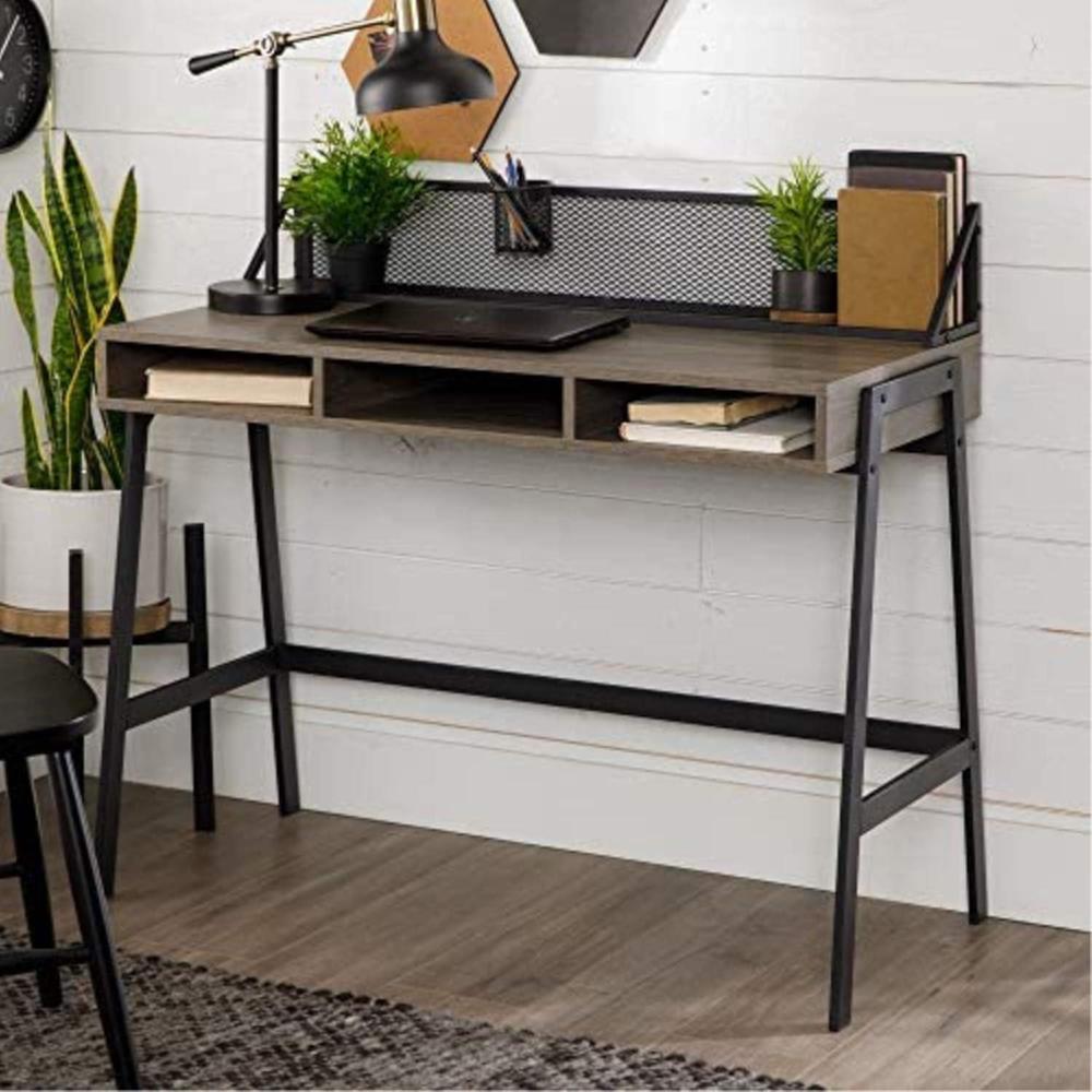 imageWalker Edison Industrial Mesh Wood Laptop Computer Writing Desk Home Office Workstation Small 42 Inch Dark WalnutSlate Grey