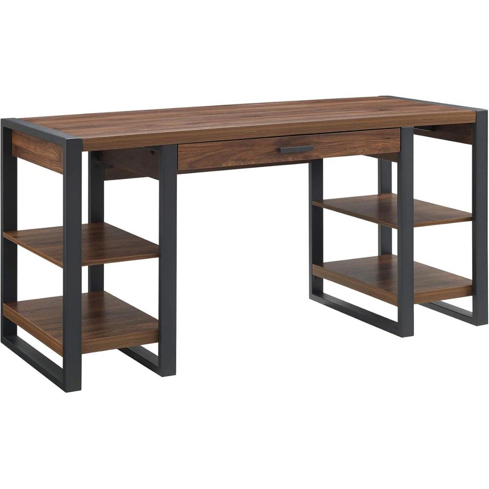 imageWalker Edison Industrial Wood Computer Writing Desk 4 Storage Shelves and Gaming Gamer Command Center Workstation Desk Home Office 60 Inch Dark WalnutDark Walnut