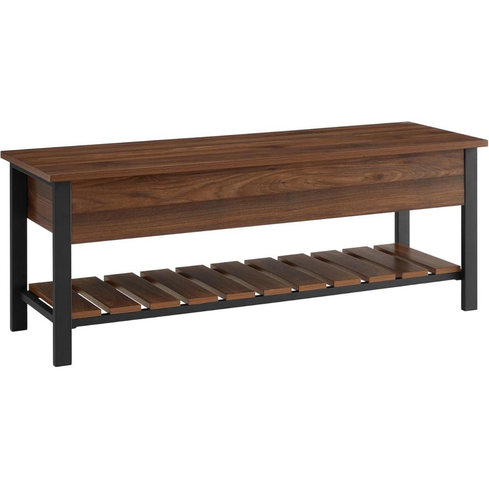imageWalker Edison Julian Rustic Farmhouse Lift Top Entry Bench with Bottom Rack 48 Inch BarnwoodDark Walnut